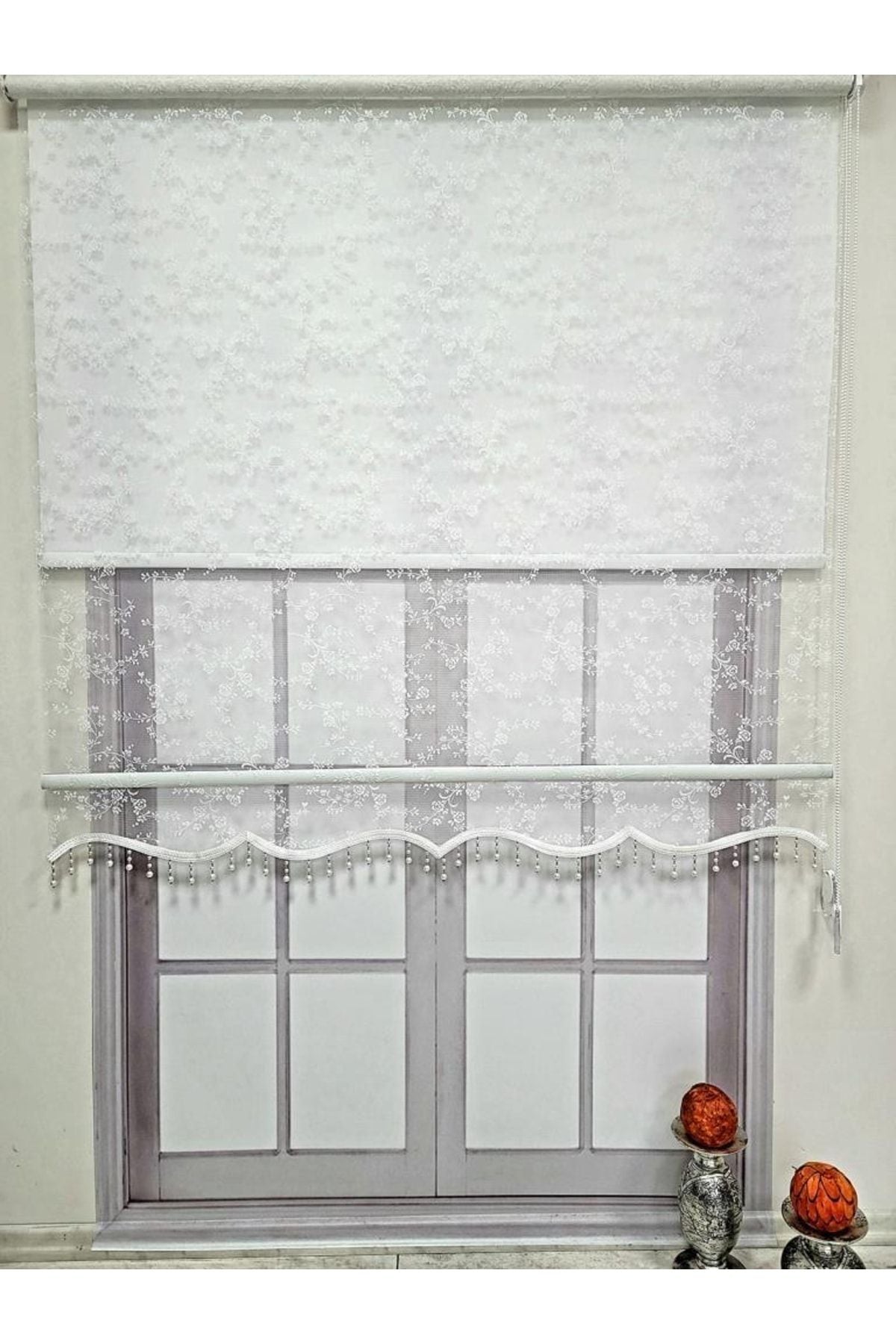 BBB Flower Patterned Beaded Tulle And Roller Blind White Mt4003b 2