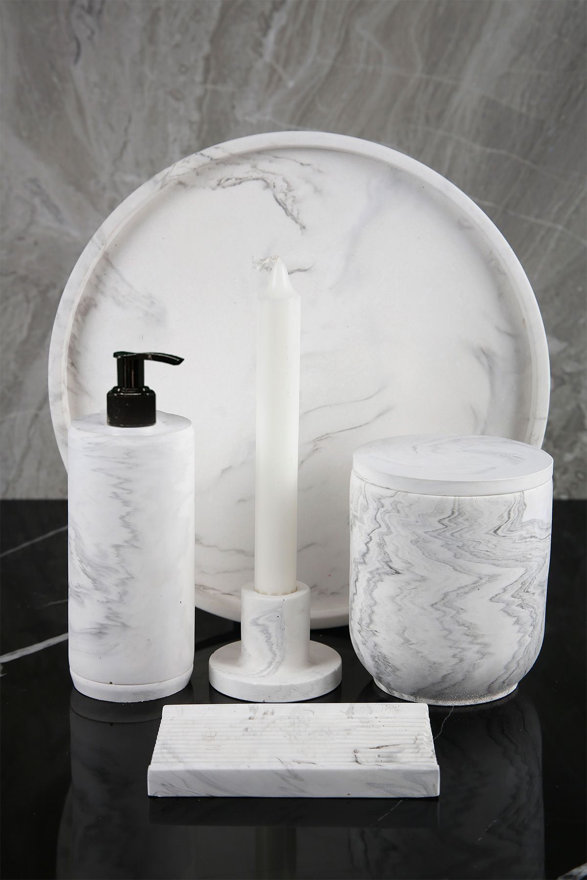 Betonmall 12 Piece Marble Patterned Concrete Bathroom Set Solid Liquid Soap Dispenser Toothbrush Holder Trash Can Tray Candle Holder 4