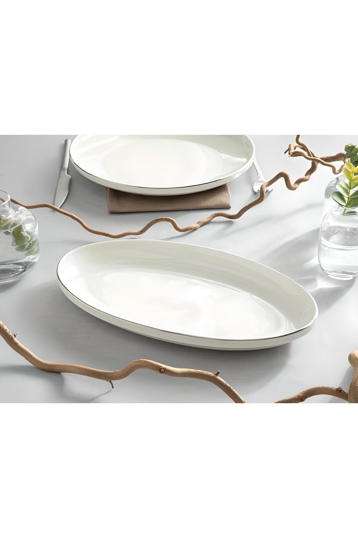 Porselenden Modern Silver 2-Piece 30 cm Porcelain Large Cream Serving Platter Set 1