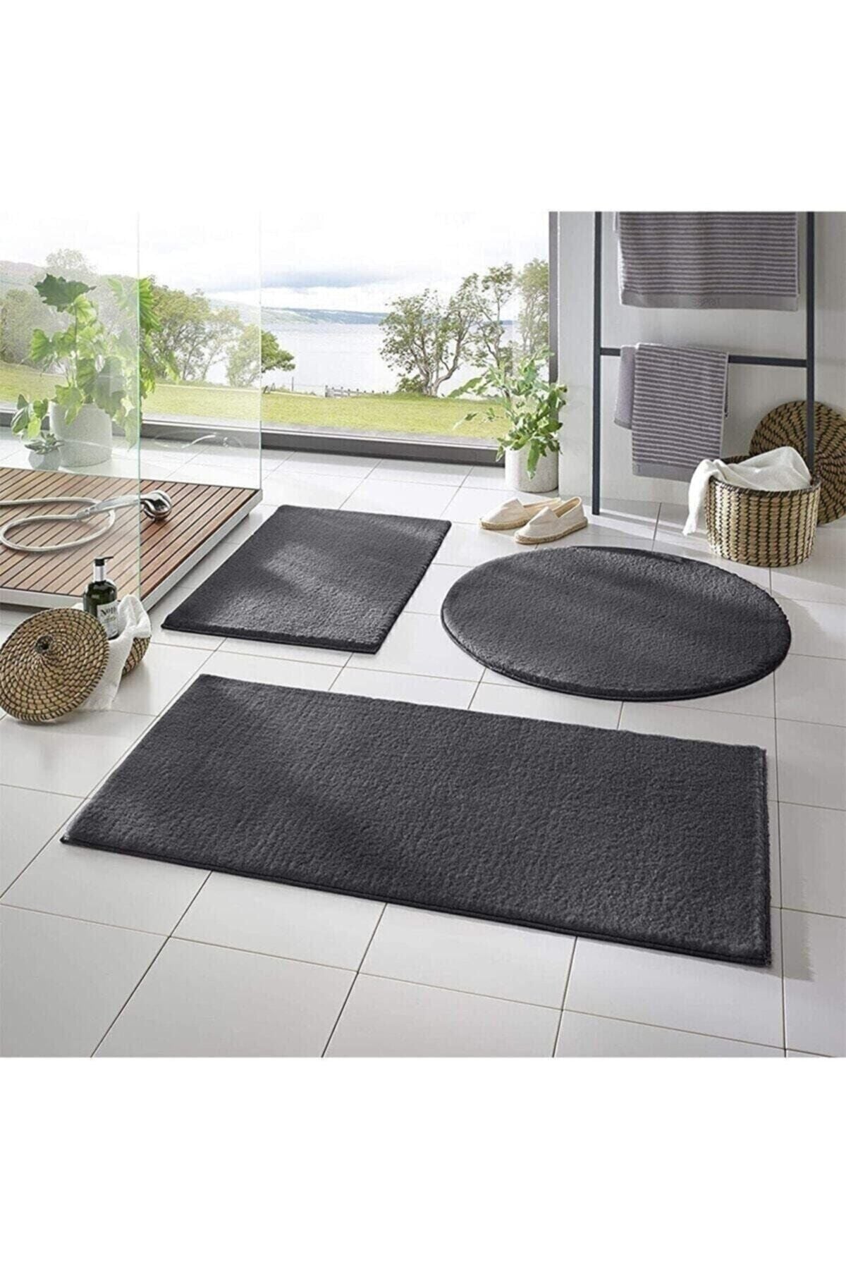 Balat Halı 3-Piece Bathroom Rug Set Plush Post Carpet Dark Gray 50x90--50x60---50x50(Round) 1