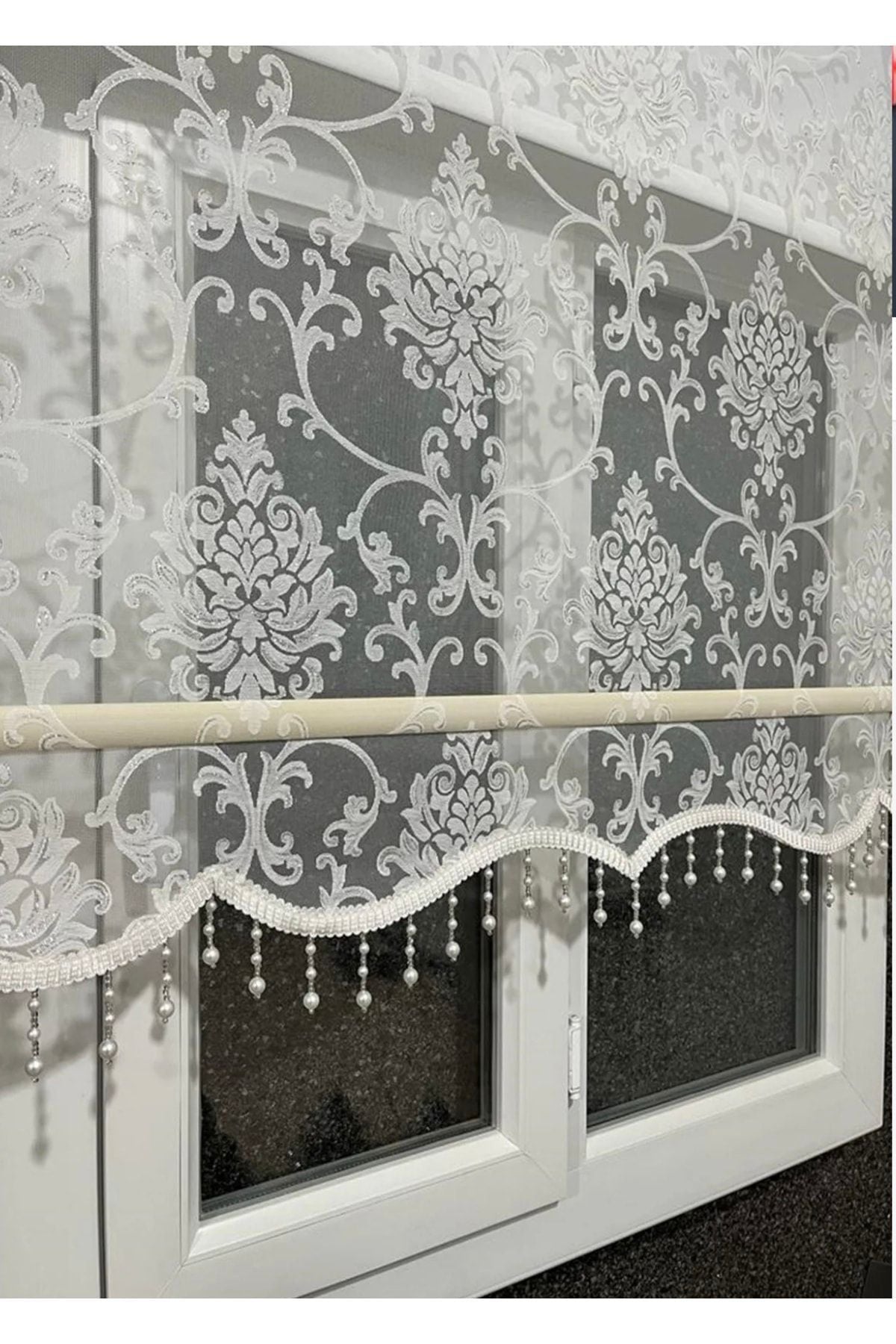 Yagmur Zebra White Color Flowers Glittered Double Mechanism Beaded Roller And Tulle Curtain 3