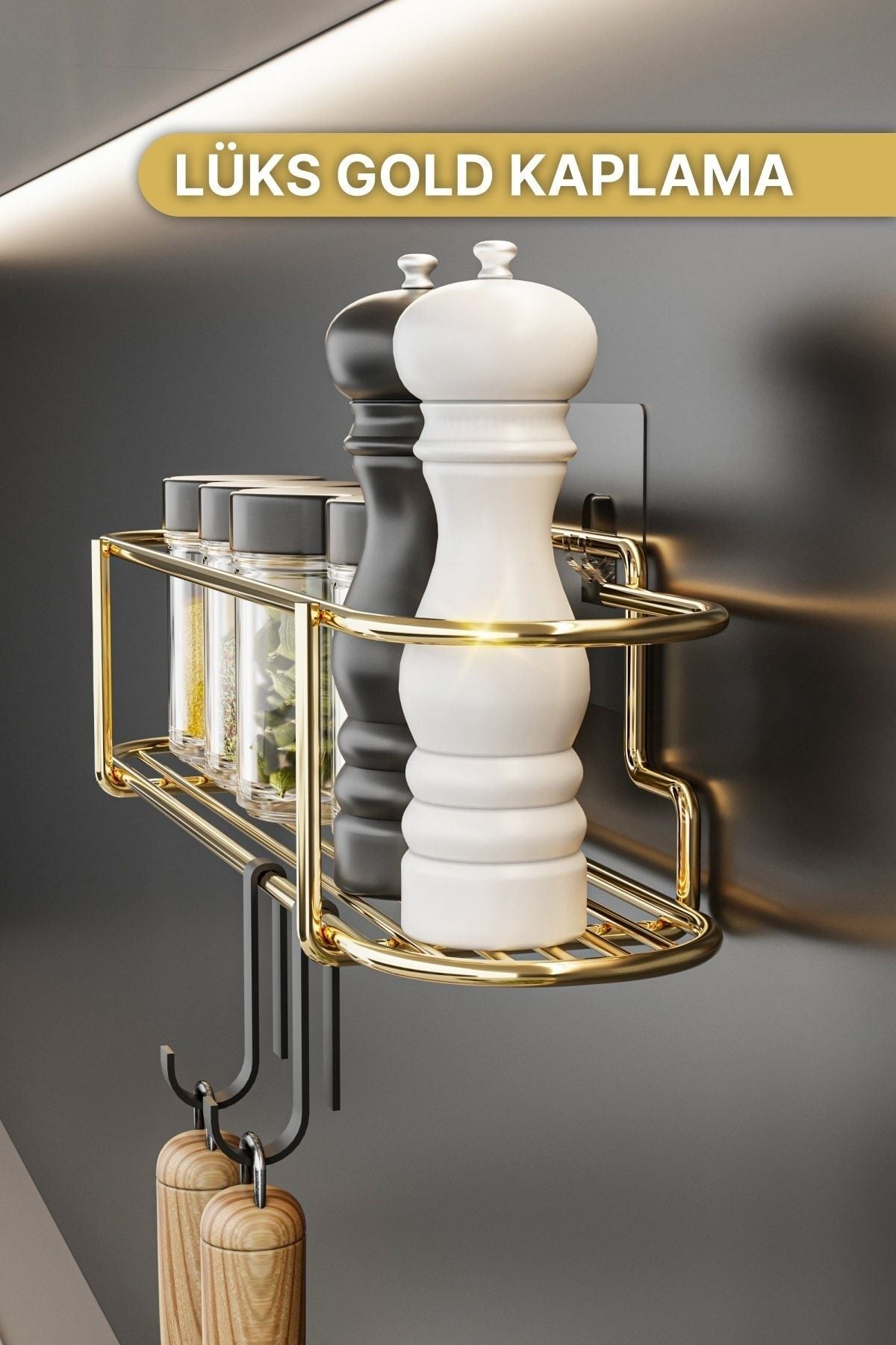 Bino Baharatlık Luxury Metal Gold Kitchen Shelf Bathroom Shelf Adhesive Hook Elegant Design Salt Shaker Hanger 2