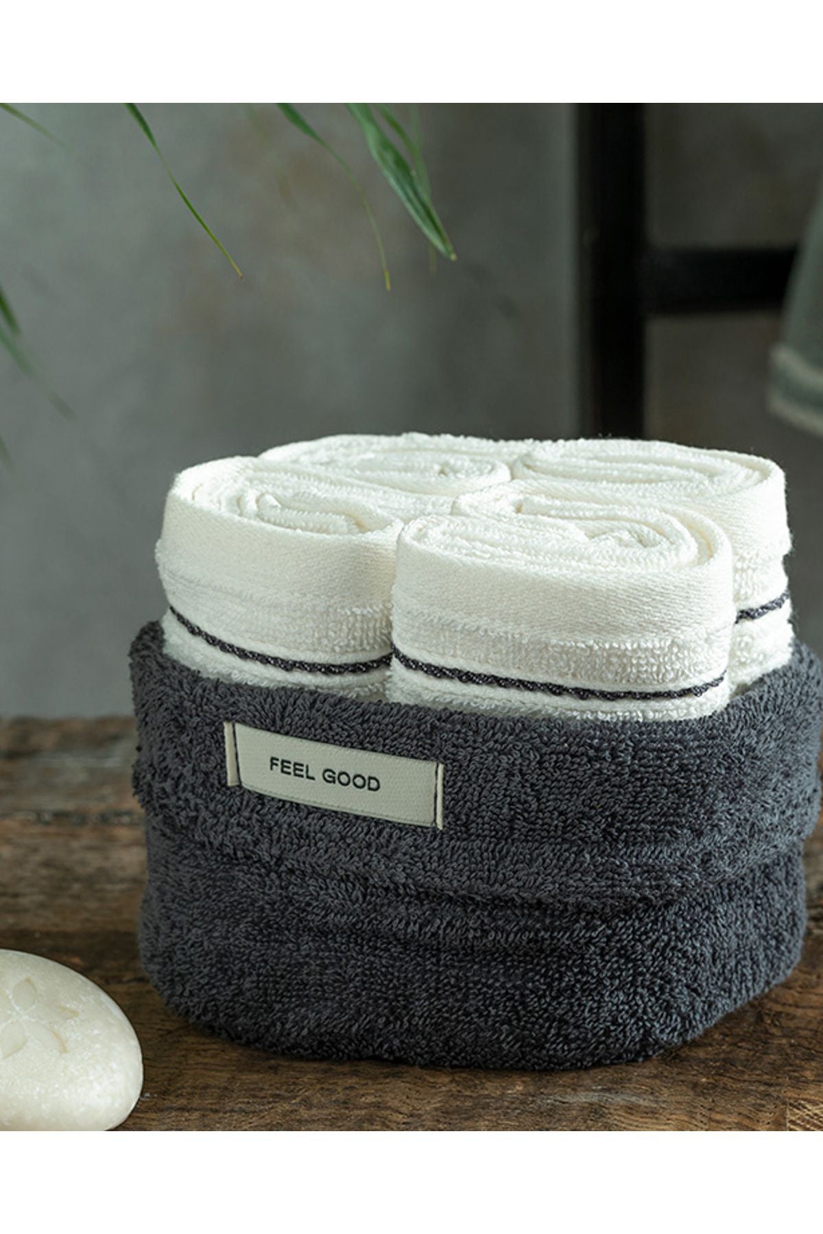 English Home Quadro Cotton 4-Piece Hand Towel Set Anthracite-Ecru 1