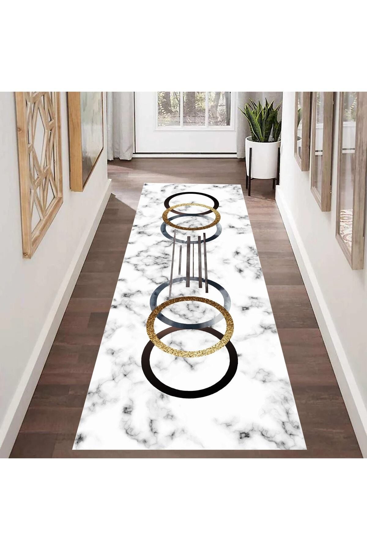 Eco Concept White Marble Floor Runner, Granite Pattern, Corridor Carpet, Non-Slip Base, Washable Runner, Long Carpet 1