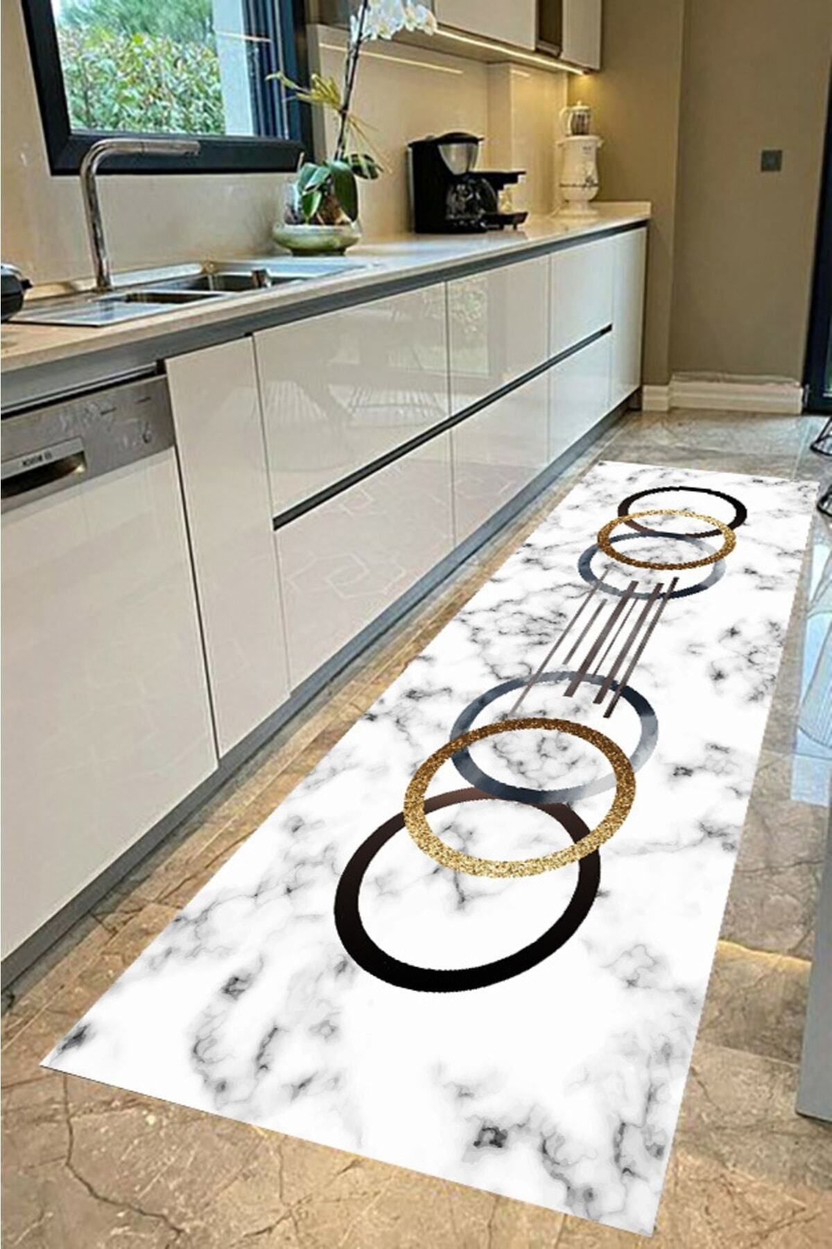 Eco Concept White Marble Floor Runner, Granite Pattern, Corridor Carpet, Non-Slip Base, Washable Runner, Long Carpet 4