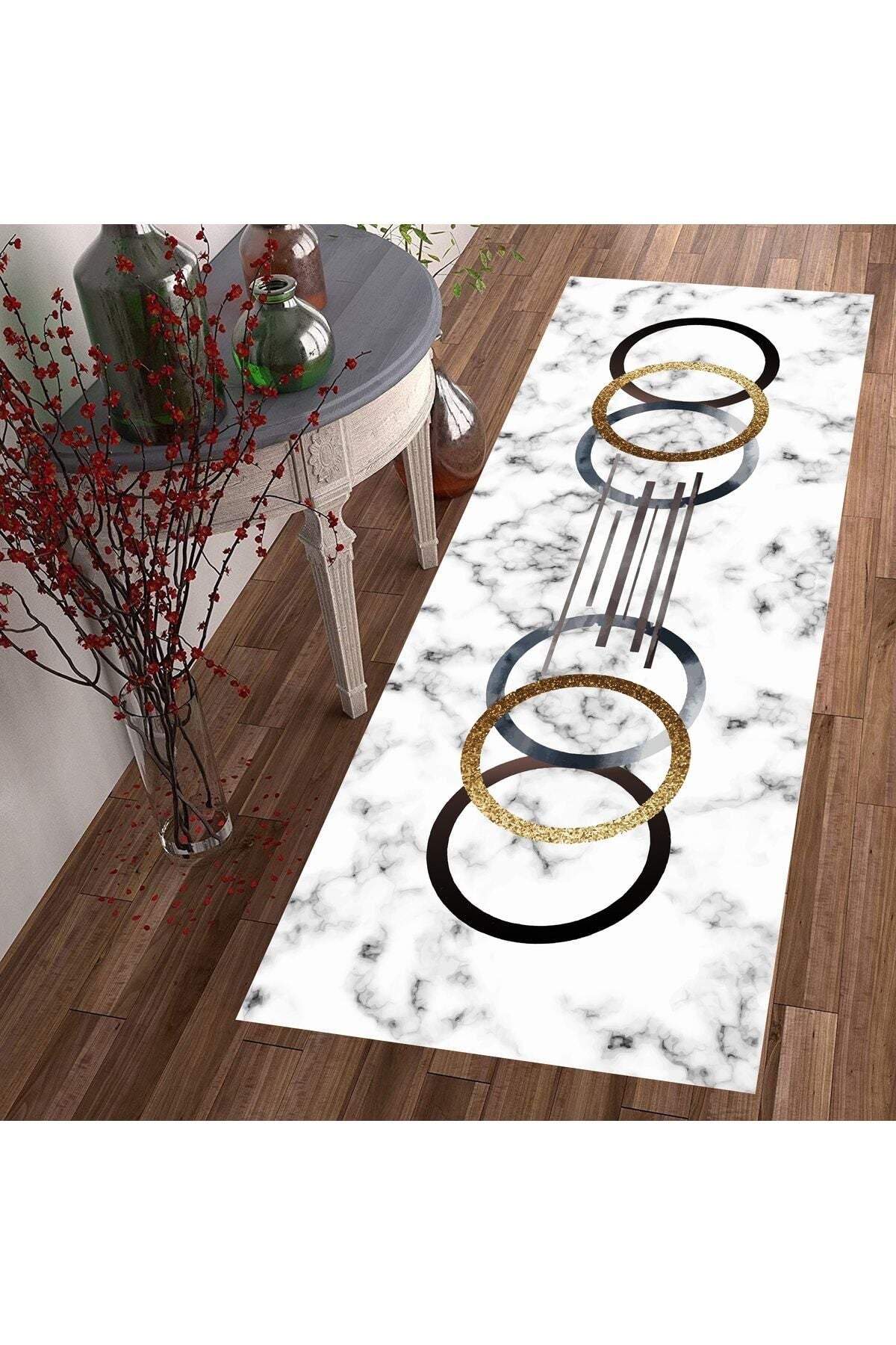 Eco Concept White Marble Floor Runner, Granite Pattern, Corridor Carpet, Non-Slip Base, Washable Runner, Long Carpet 5