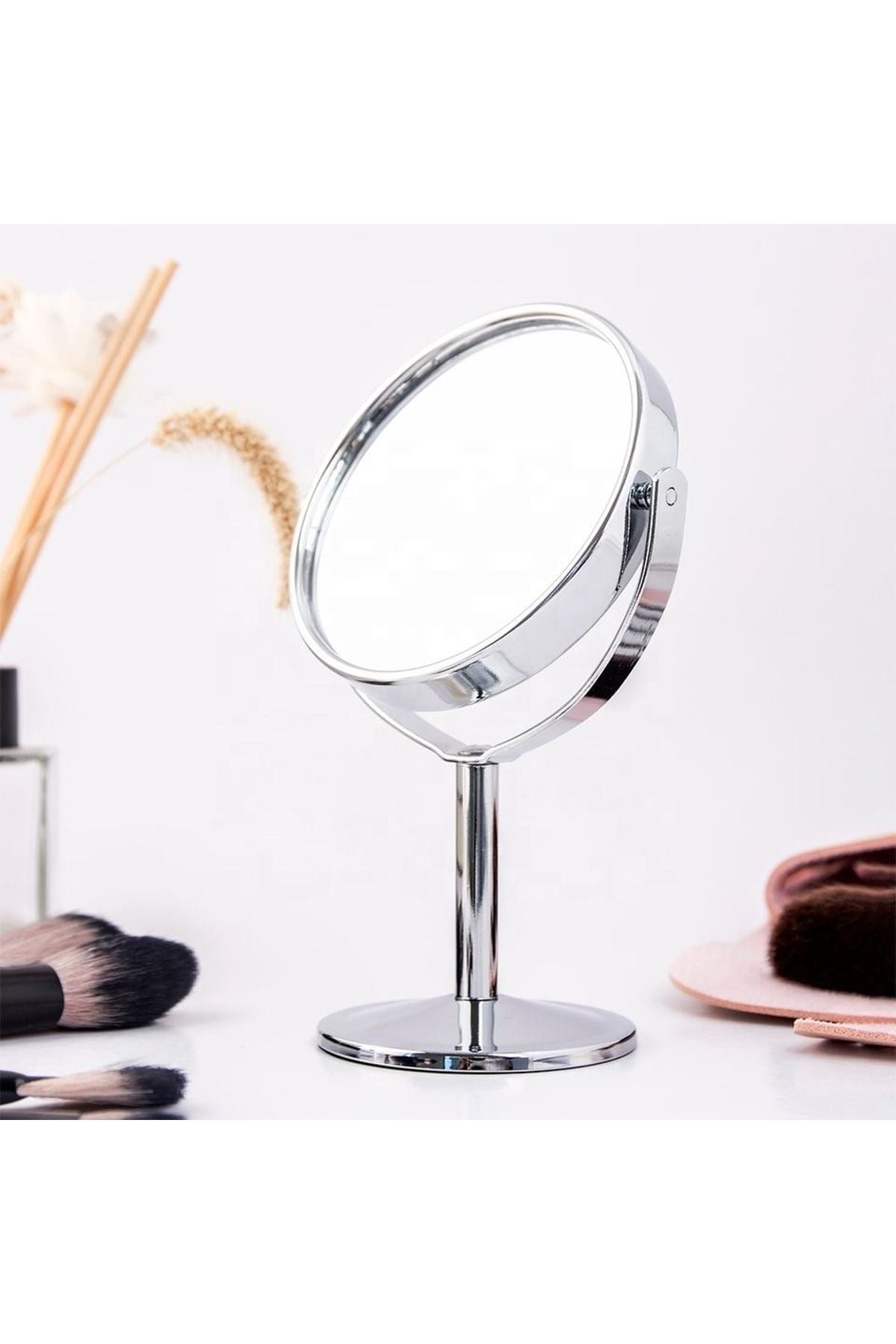 Gaman Mini Size Chrome Plated 2x Magnifying Desk Mirror Decorative Makeup Mirror Double-Sided With Metal Stand 1