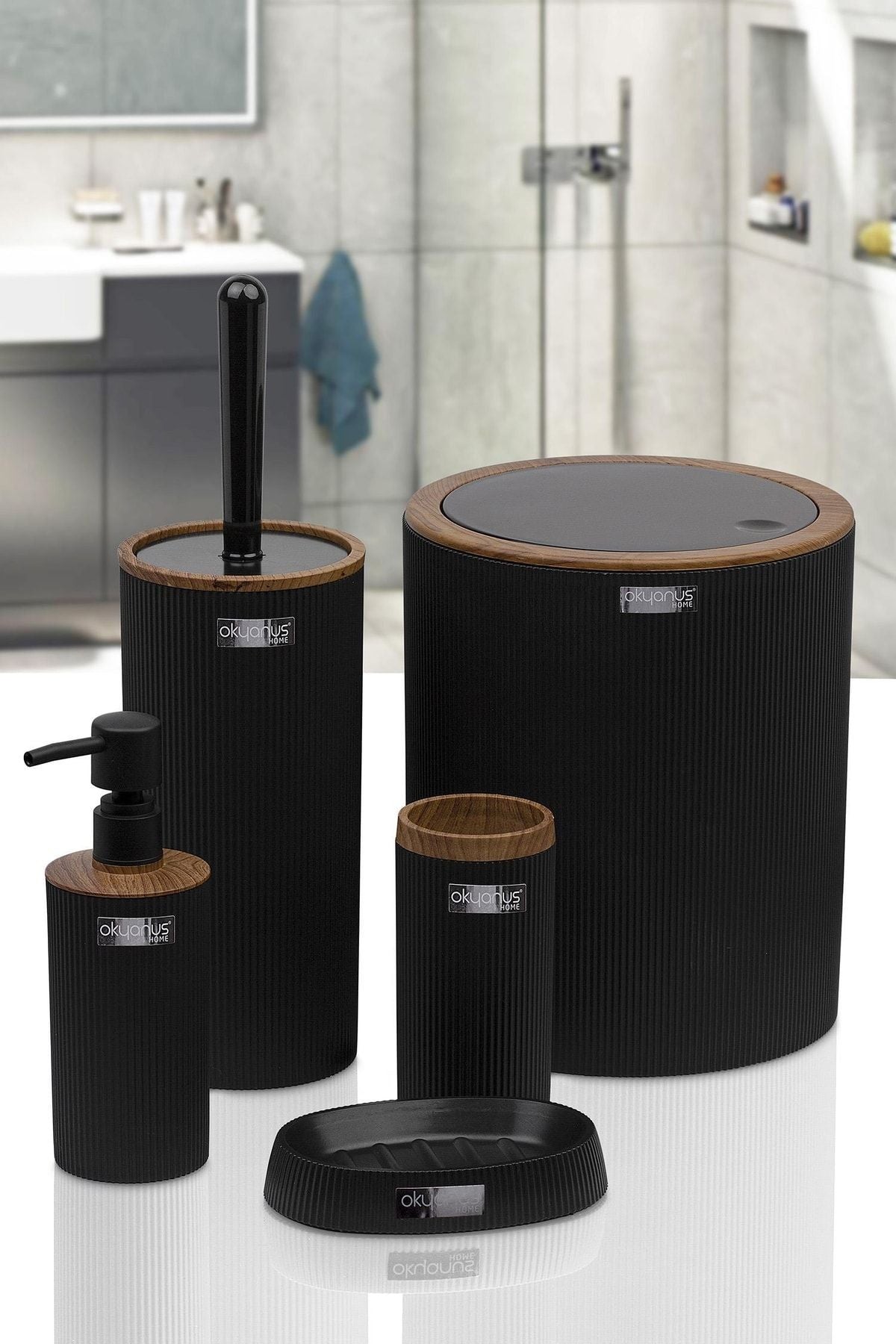 Okyanus Home Mina Black Wood Patterned Striped Round 5-Piece Bathroom Set 1