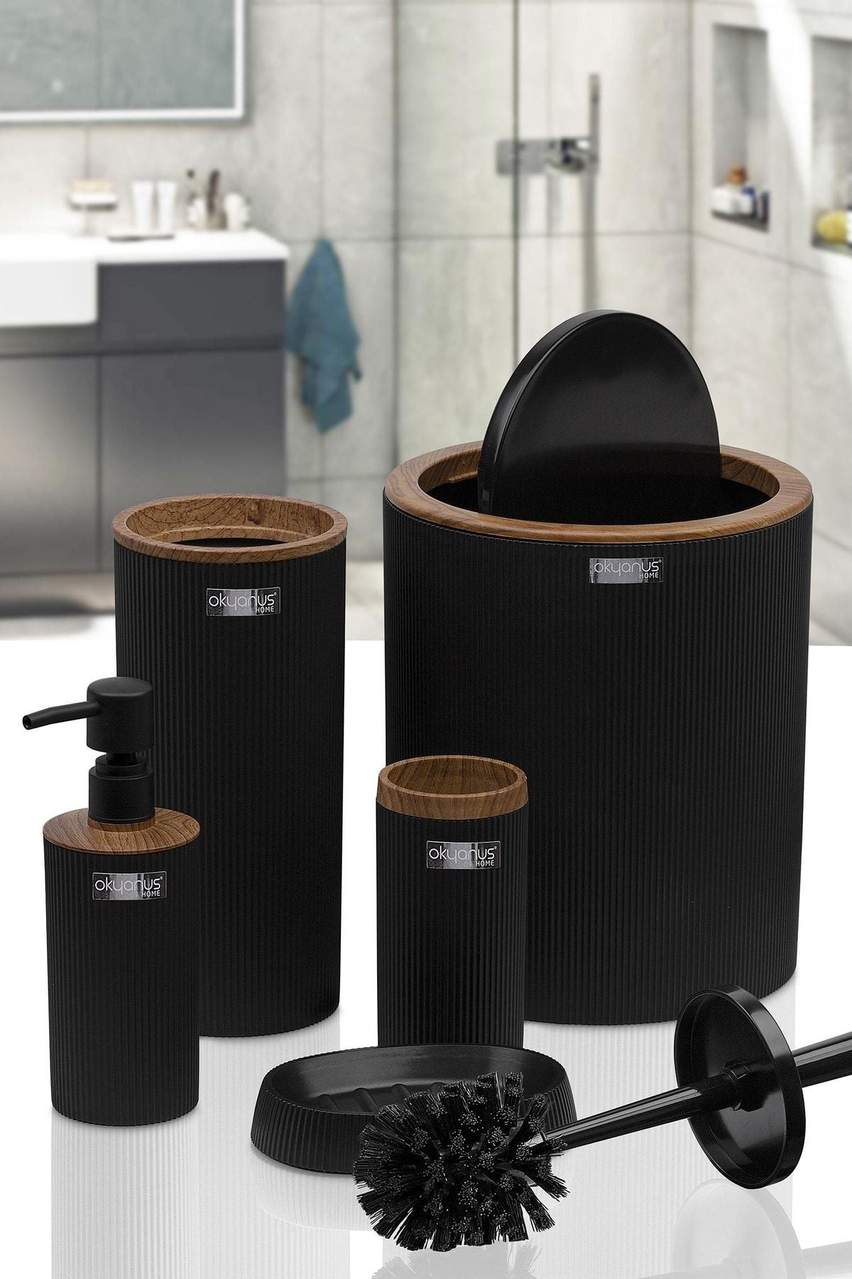 Okyanus Home Mina Black Wood Patterned Striped Round 5-Piece Bathroom Set 2