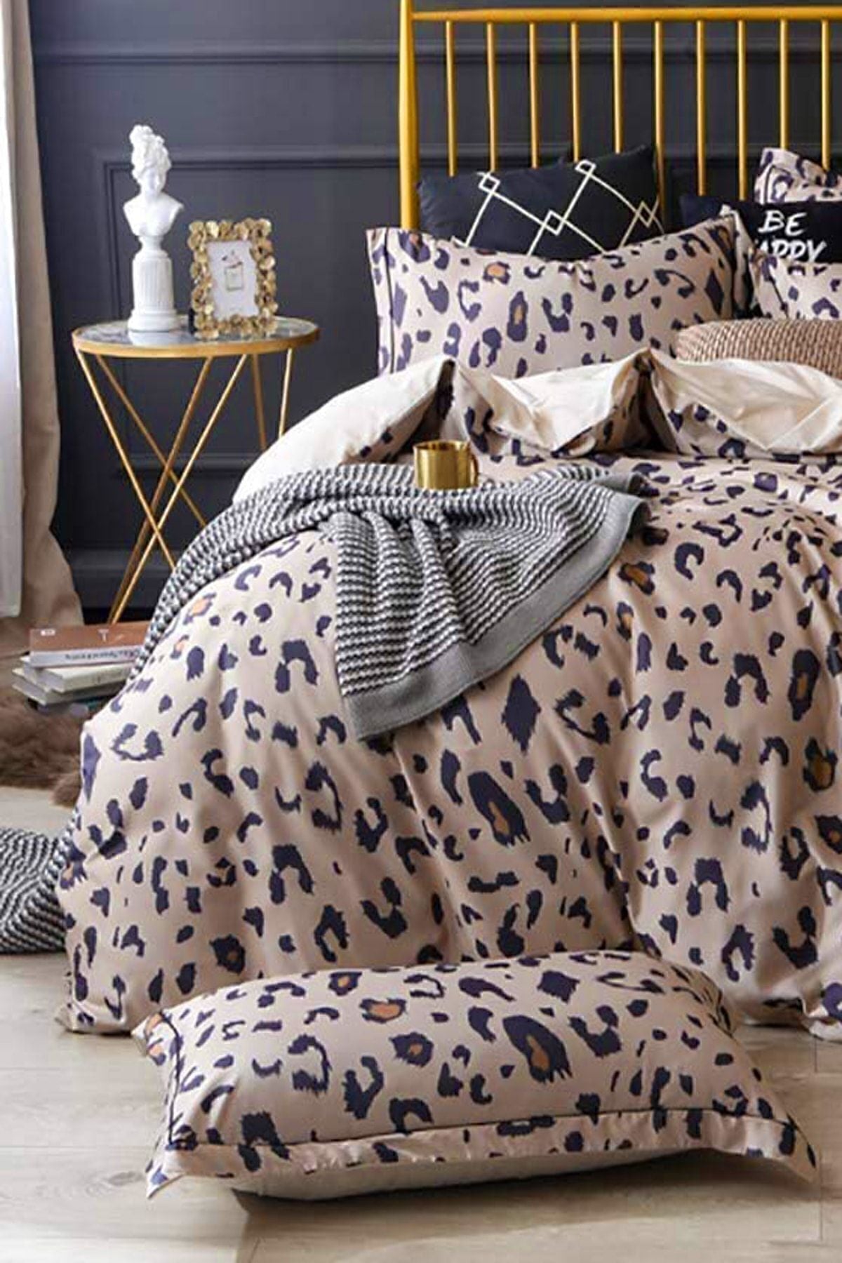 İQON Elastic Fitted Sheet Duvet Cover Set Double Leopard Brown 2