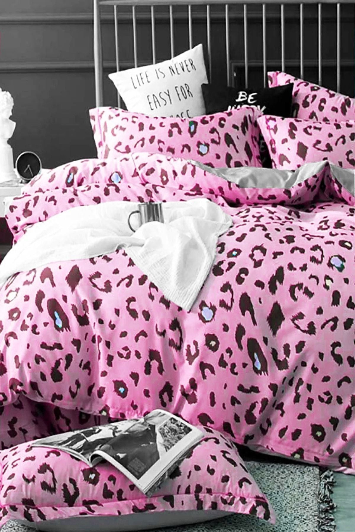 İQON Elastic Fitted Sheet Duvet Cover Set Double Leopard Pink 1