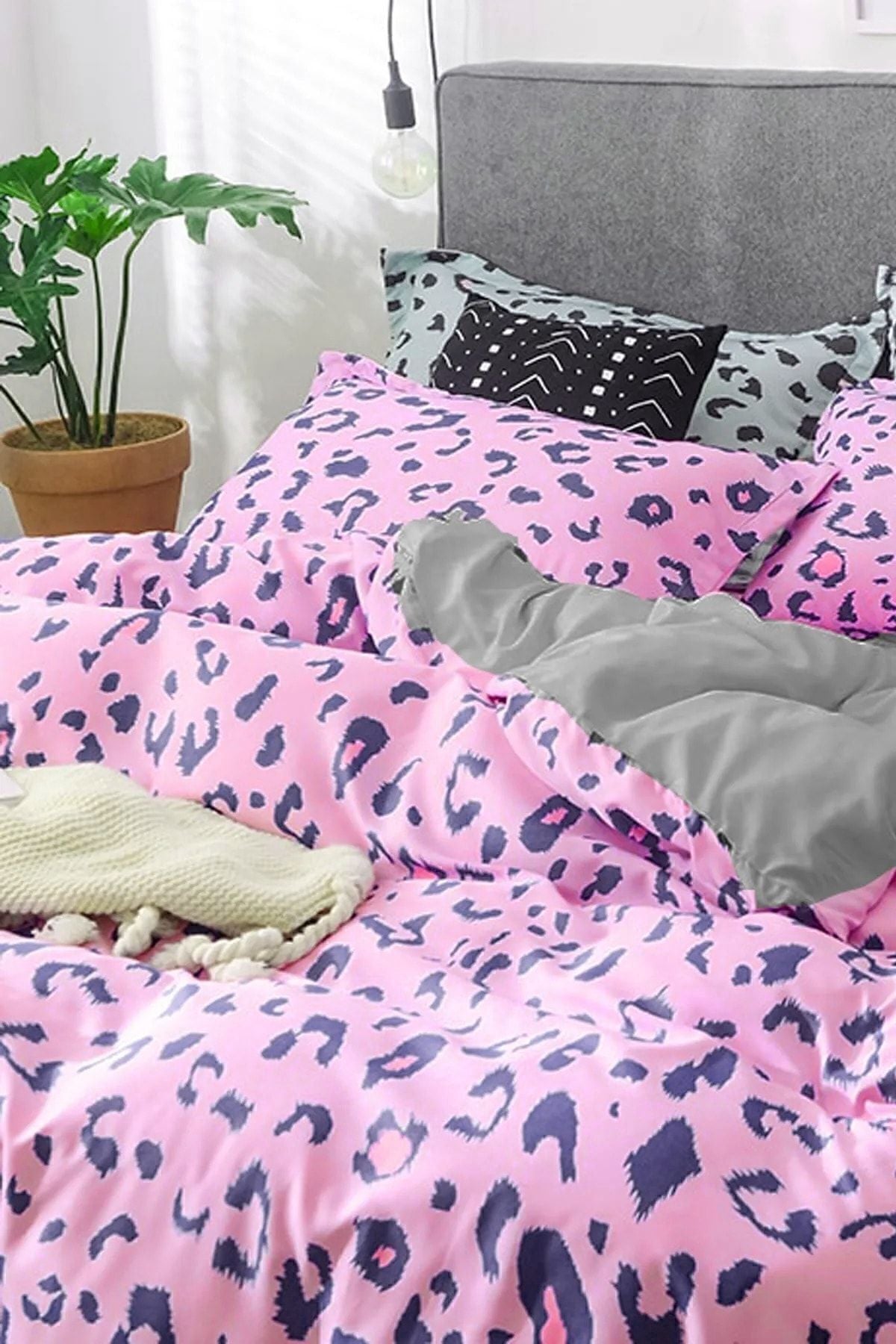 İQON Elastic Fitted Sheet Duvet Cover Set Double Leopard Pink 3