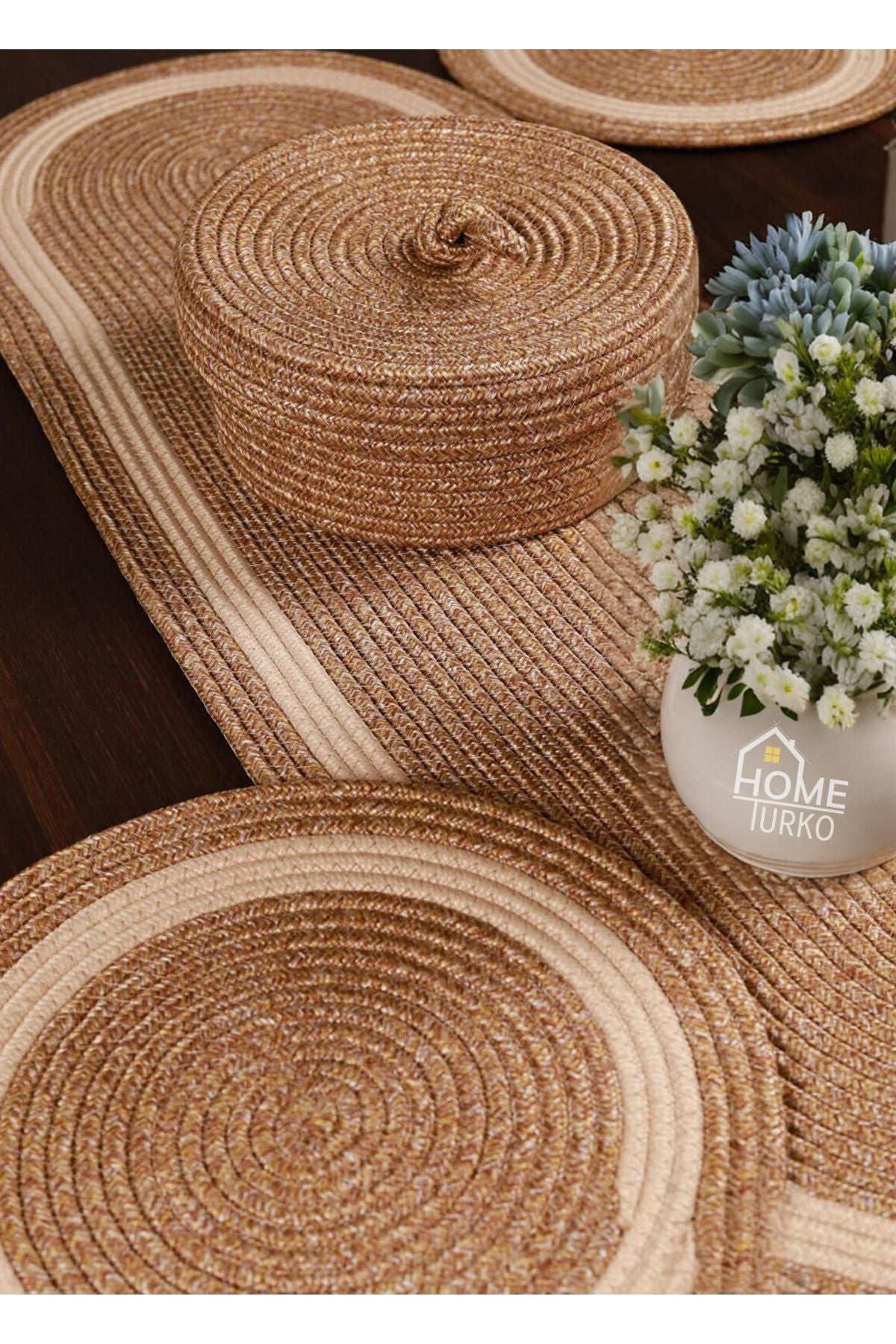 HomeTurko 6 Piece Placemat Set 1 Runner 1 Basket Set, Jute Placemat American Service, Plate Mat, Bread Basket 2