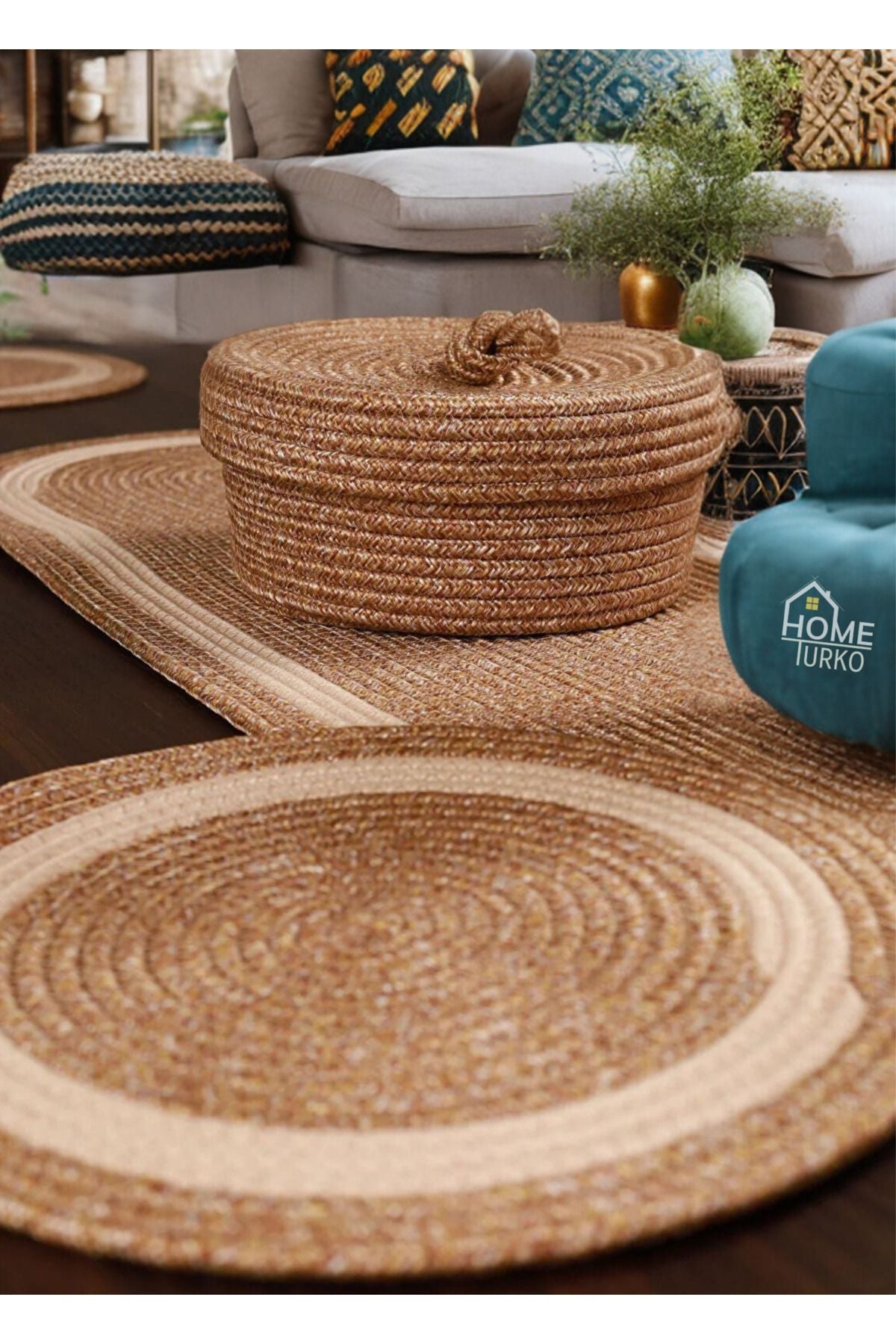 HomeTurko 6 Piece Placemat Set 1 Runner 1 Basket Set, Jute Placemat American Service, Plate Mat, Bread Basket 3