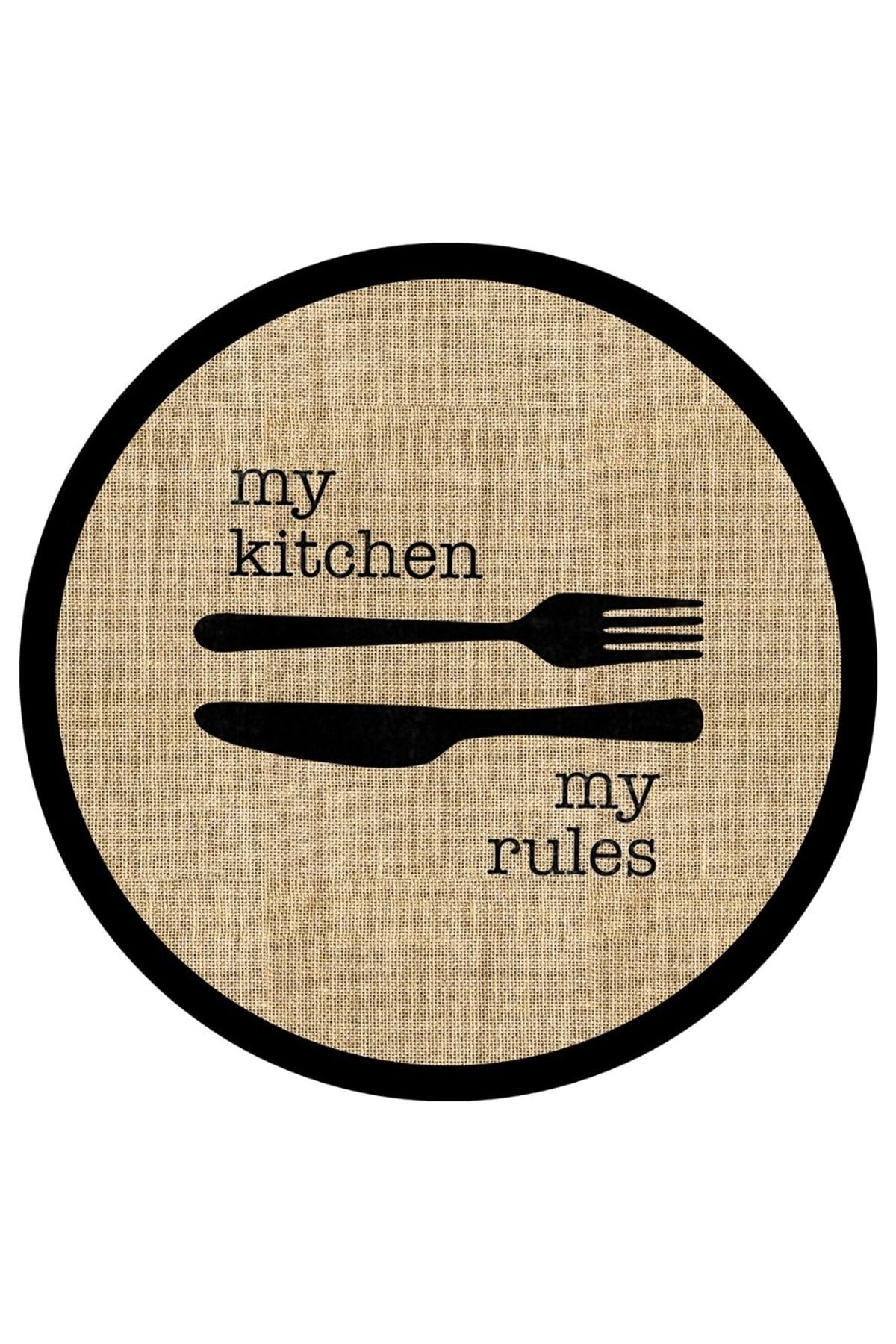 Decomia Home Digital Non-Slip Washable Jute Look Kitchen Text Black Framed Round Kitchen Rug 2