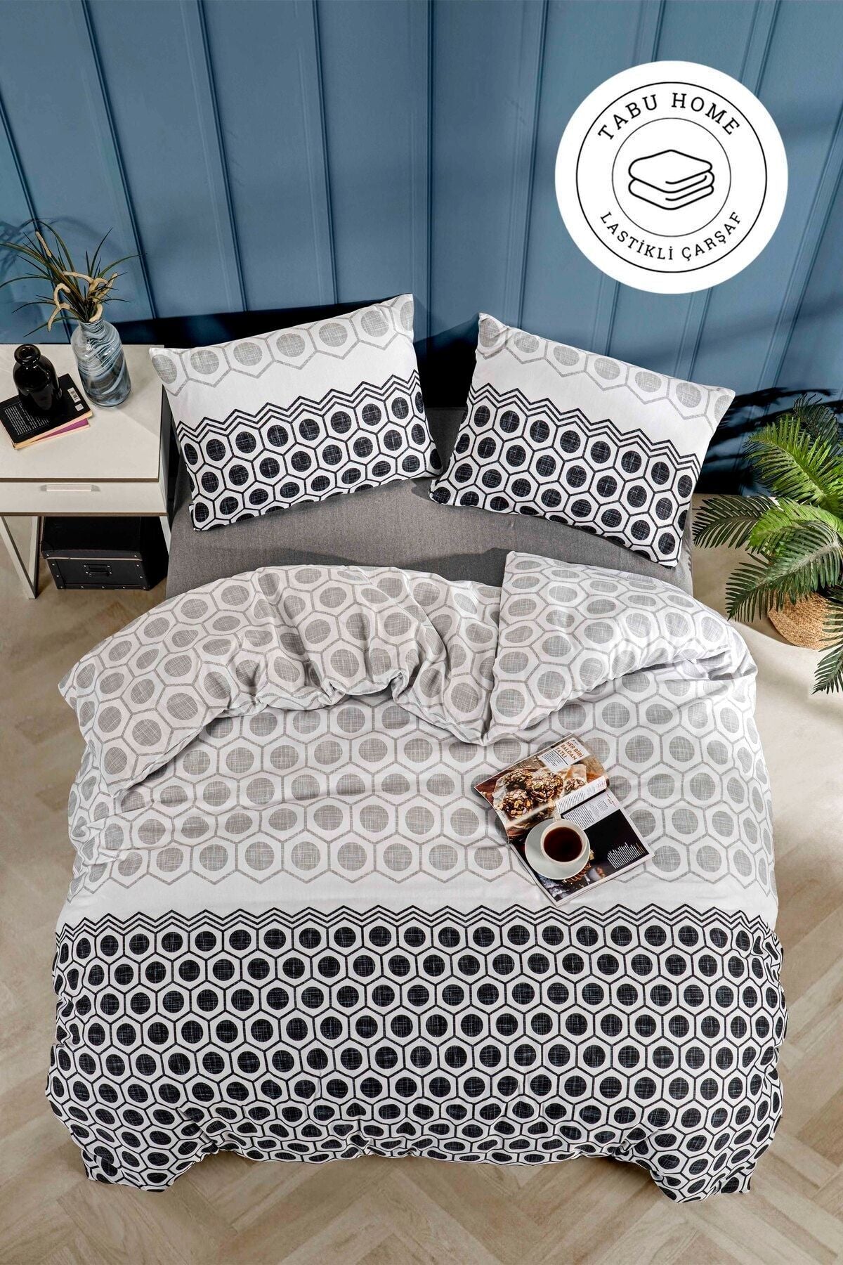 Tabu Home Geometric Fitted Sheet Anthracite Double Duvet Cover Set 1