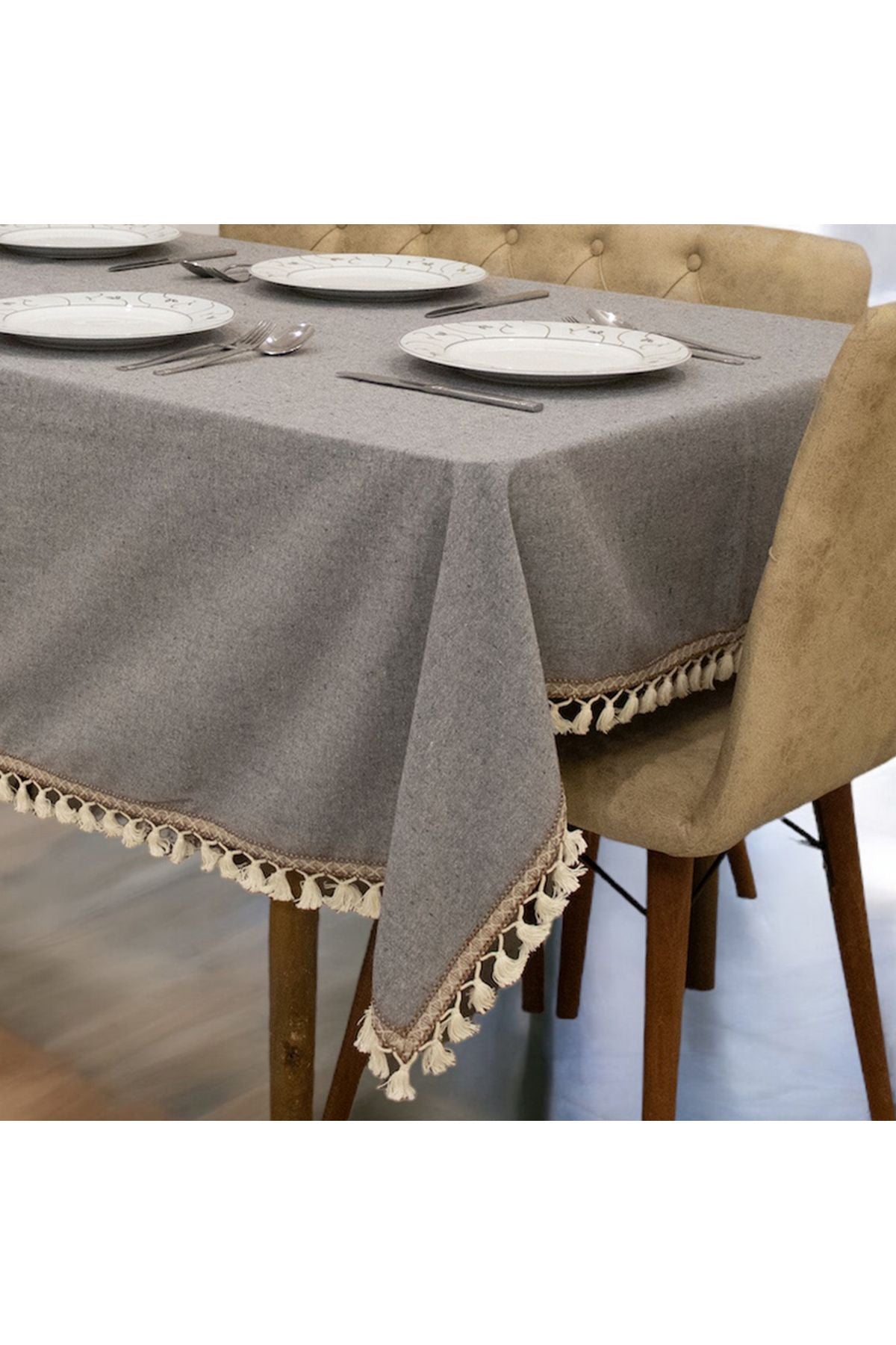 NDC HOME Grey Anthracite Cotton Linen Tassel Tablecloth 1