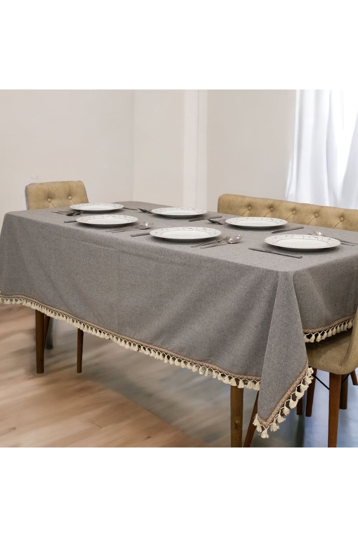 NDC HOME Grey Anthracite Cotton Linen Tassel Tablecloth 3