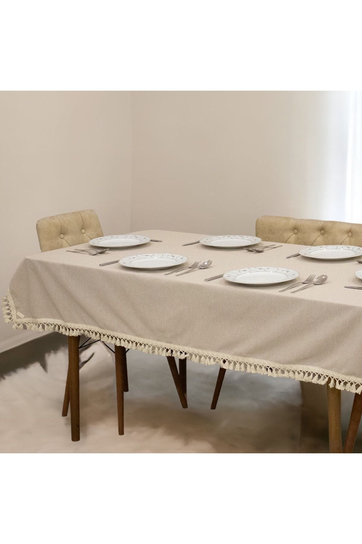 NDC HOME Beige Cotton Linen Pom-Pom Tablecloth 2