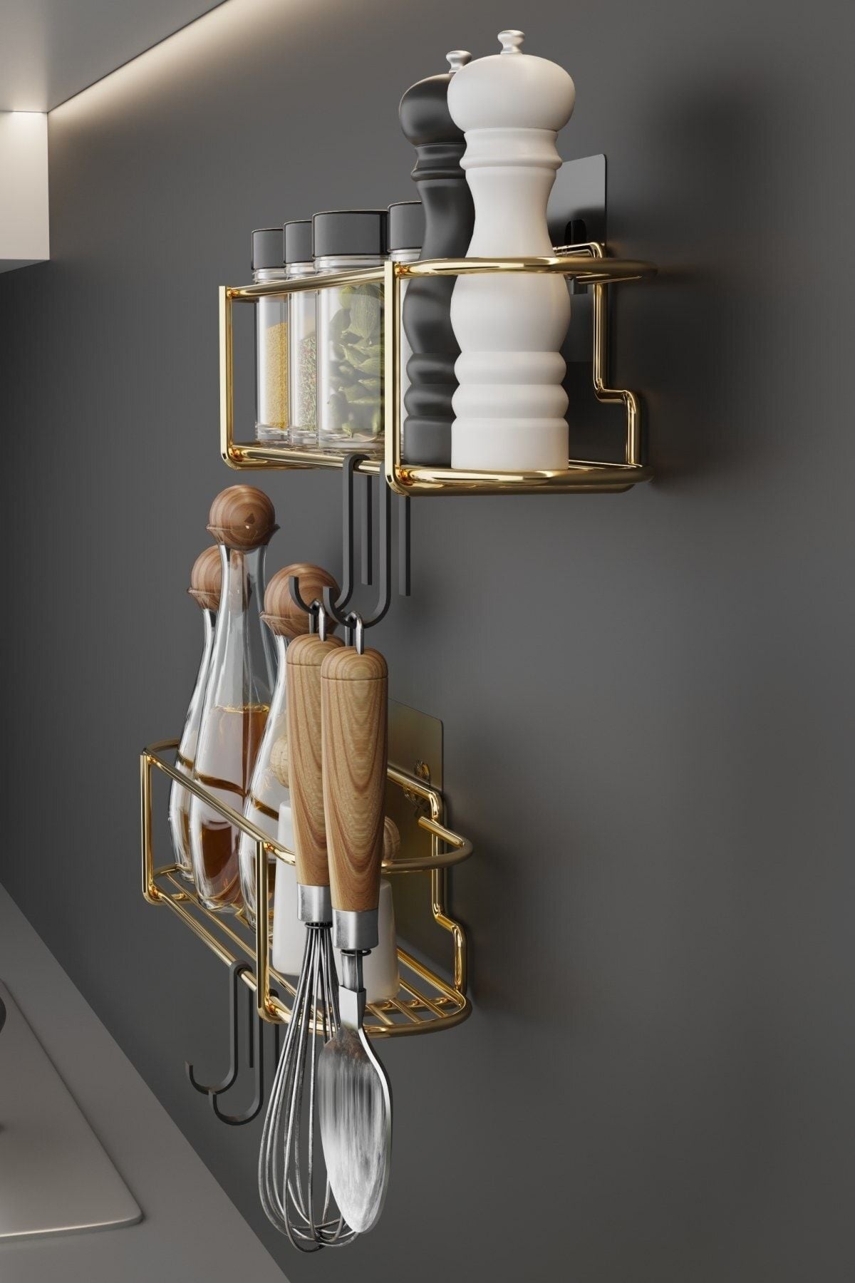 Bino Spice Rack 2-Piece Set Gold Metal Kitchen Shelf Bathroom Shelf Adhesive Hooked Salt Shaker Hanger 5