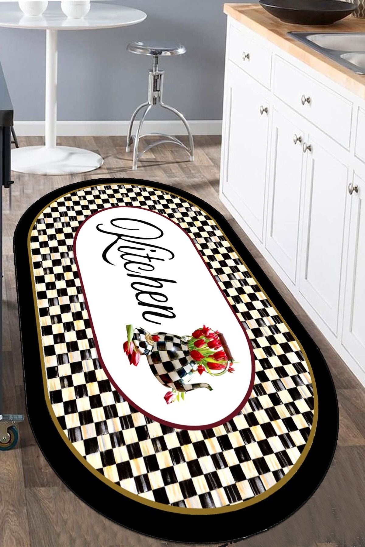 Decomia Home Digital Non-Slip Washable Mackenzie Black White Floral Oval Kitchen Rug Decorative Carpet 1