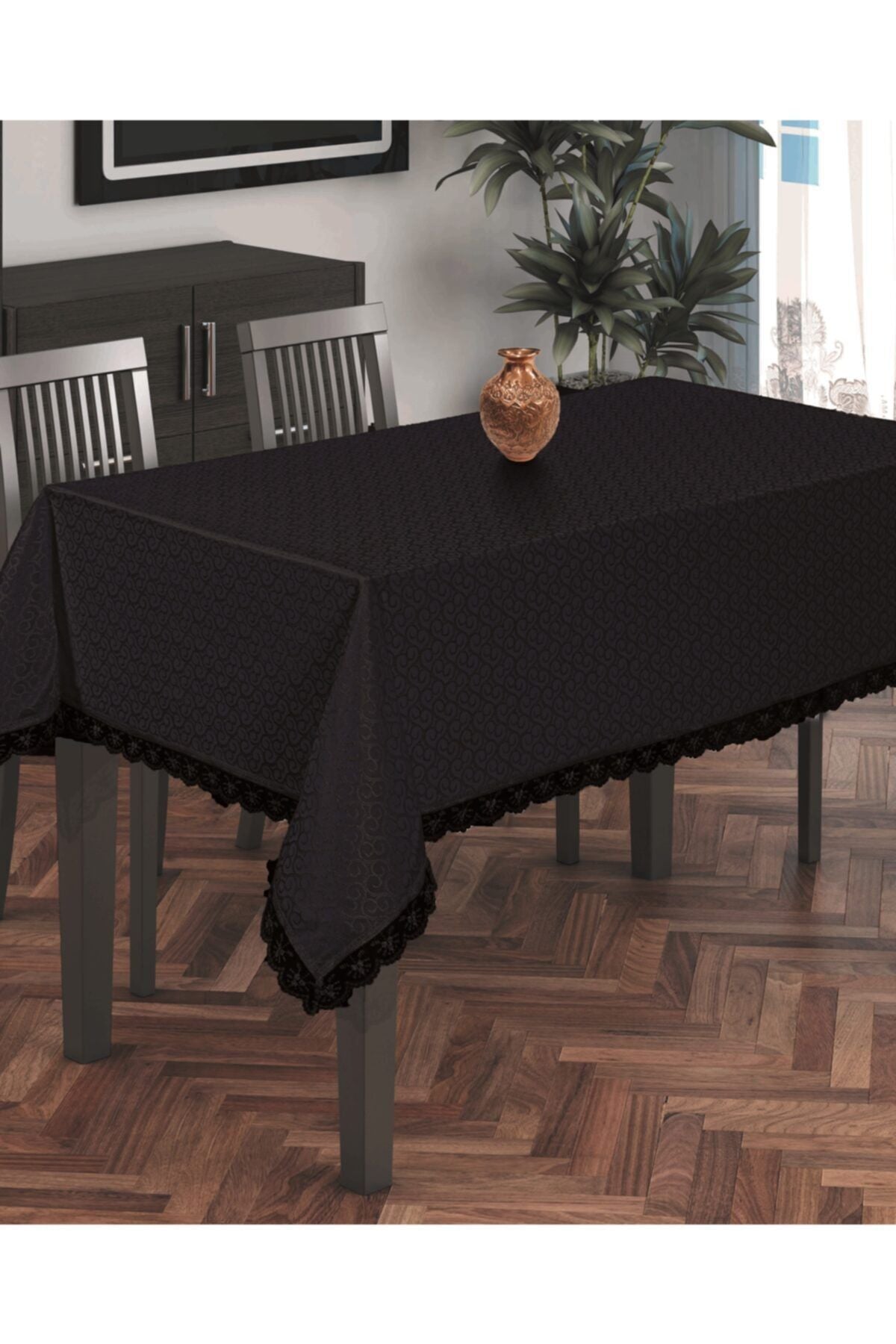 Estelica Black Stain-Resistant Jacquard Tablecloth for 8 People 2