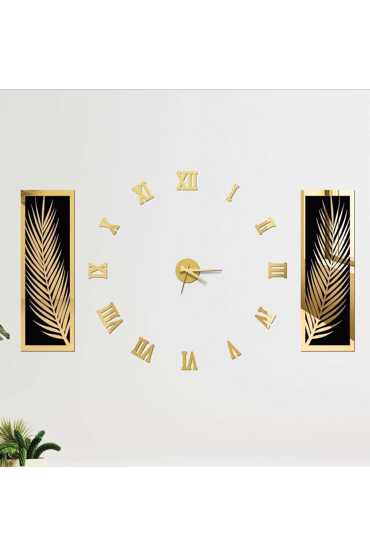 Wooden Factory 3 Piece Wall Clock Set, Acrylic Plexiglass Mirrored Palm Leaves And Roman 1