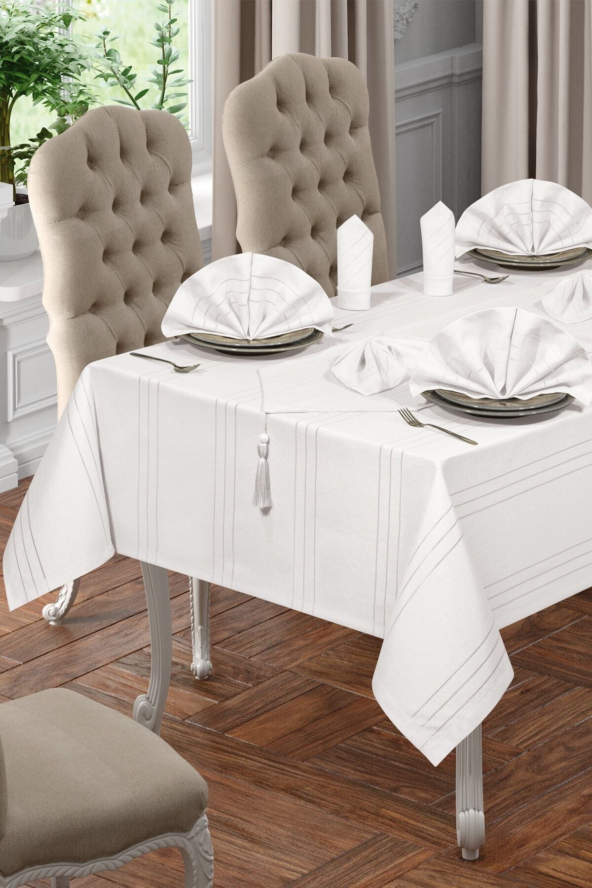 BİRHOME Lüx Colber Tablecloth Set for 12 People (White) 1