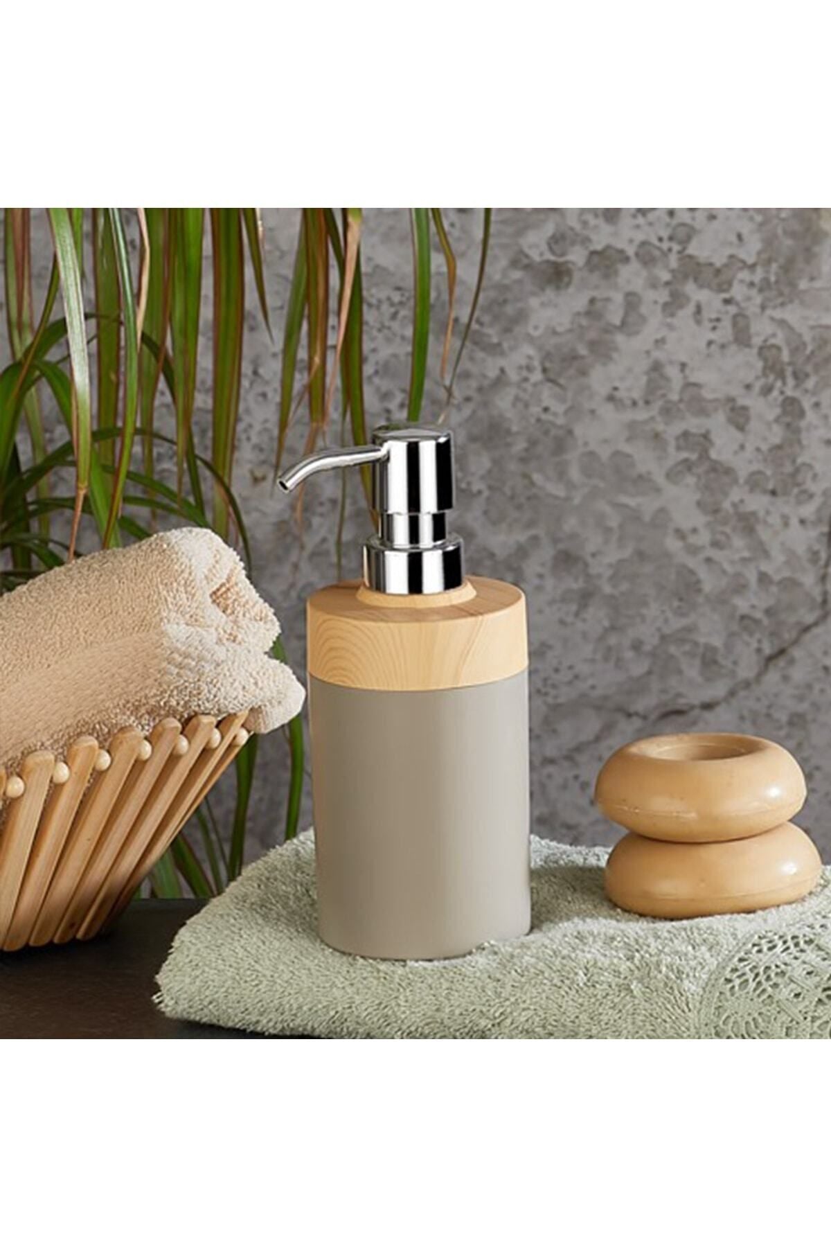 Bersachef Limpia Bamboo Patterned 5-Piece Bathroom Set Trash Bin Liquid Soap Dispenser Toothbrush Holder Box Cream 5