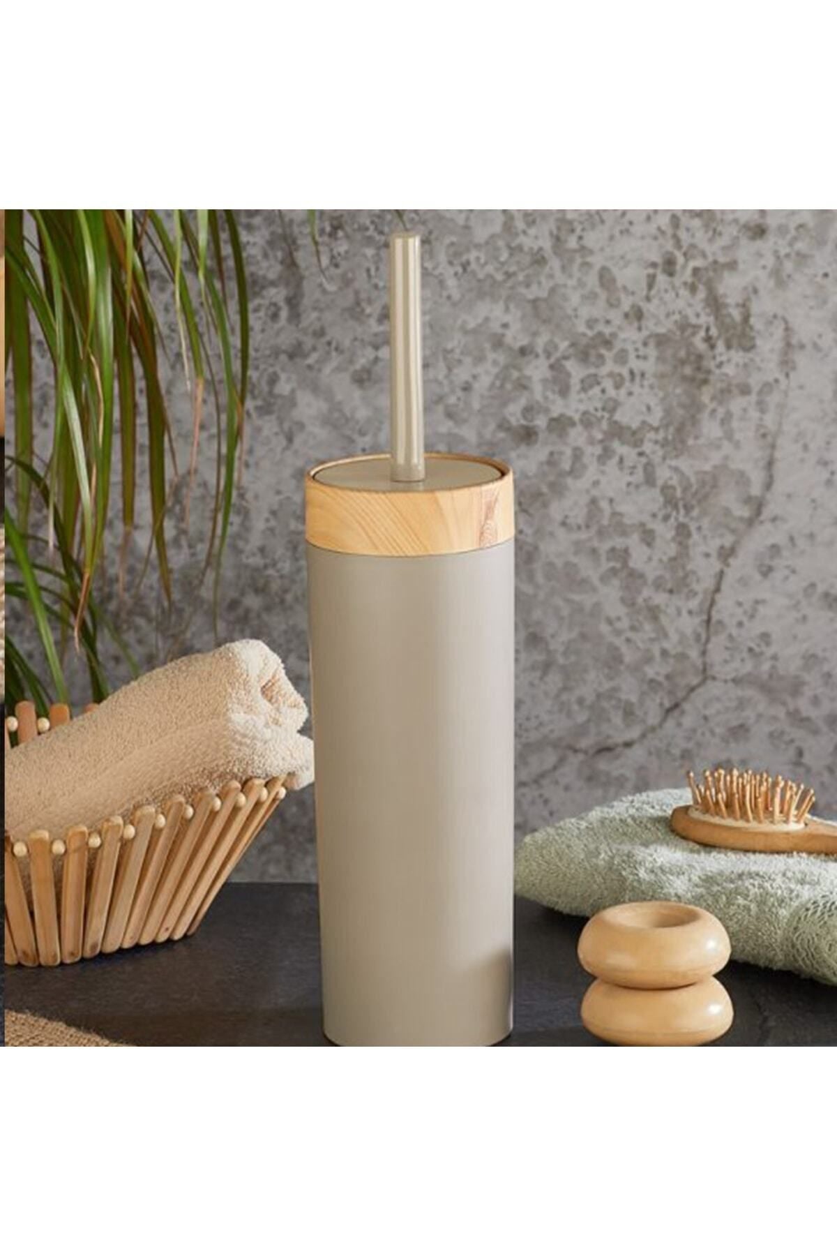 Bersachef Limpia Bamboo Patterned 5-Piece Bathroom Set Trash Bin Liquid Soap Dispenser Toothbrush Holder Box Cream 6