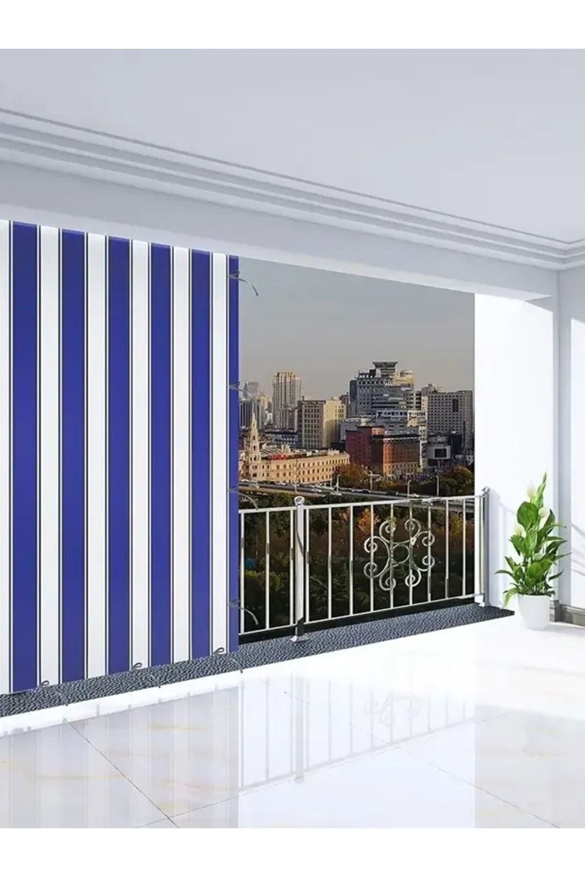 JESEM Luxury First Class Balcony Curtain Tarp Blue White Top Corniced Side And Bottom Tied Tarp Curtain 2