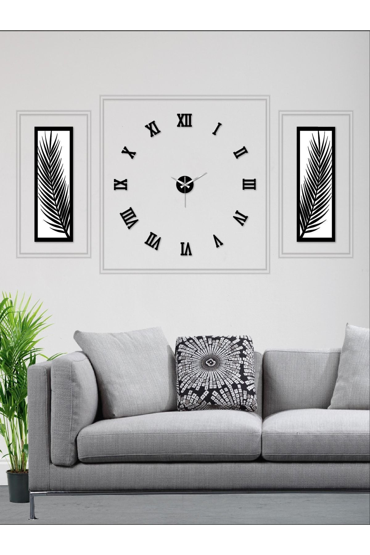 Wooden Factory 3-Piece Wall Clock Set with Natural Wooden Frame Palm Leaves and UV Panel 1