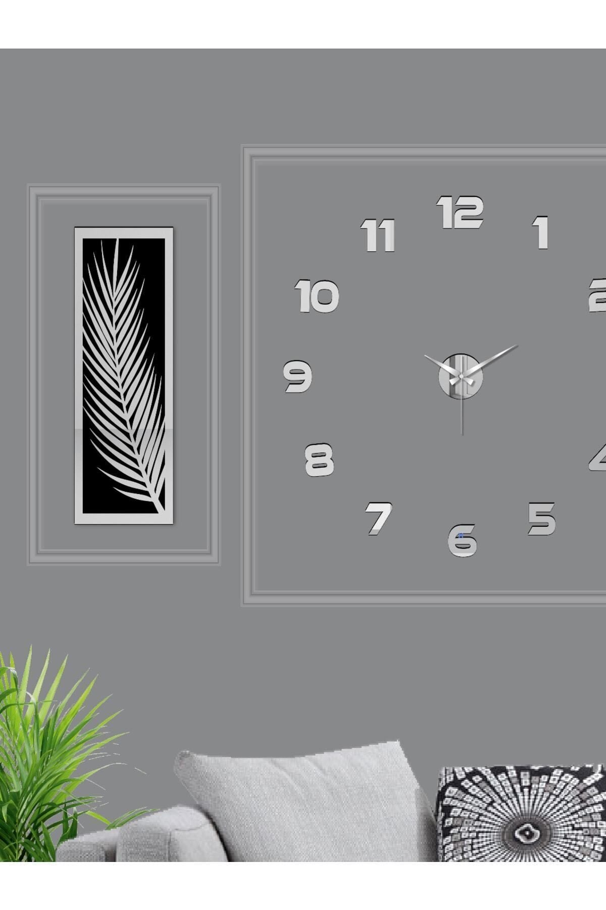 Wooden Factory 3-Piece Wall Clock Set, Acrylic Plexiglass Mirrored Palm Leaves And Wall Clock 2