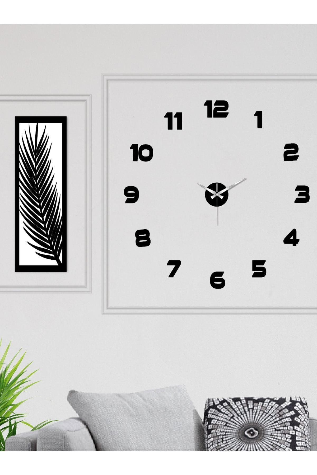 Wooden Factory 3-Piece Wall Clock Set, Natural Wood Framed Palm Leaves and Wall Clock UV Panel Set 2