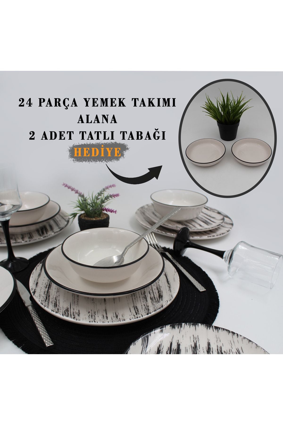 Arna Porselen Anka 24 Piece 6 Person Dinner Set - Patterned Black Mesh 1