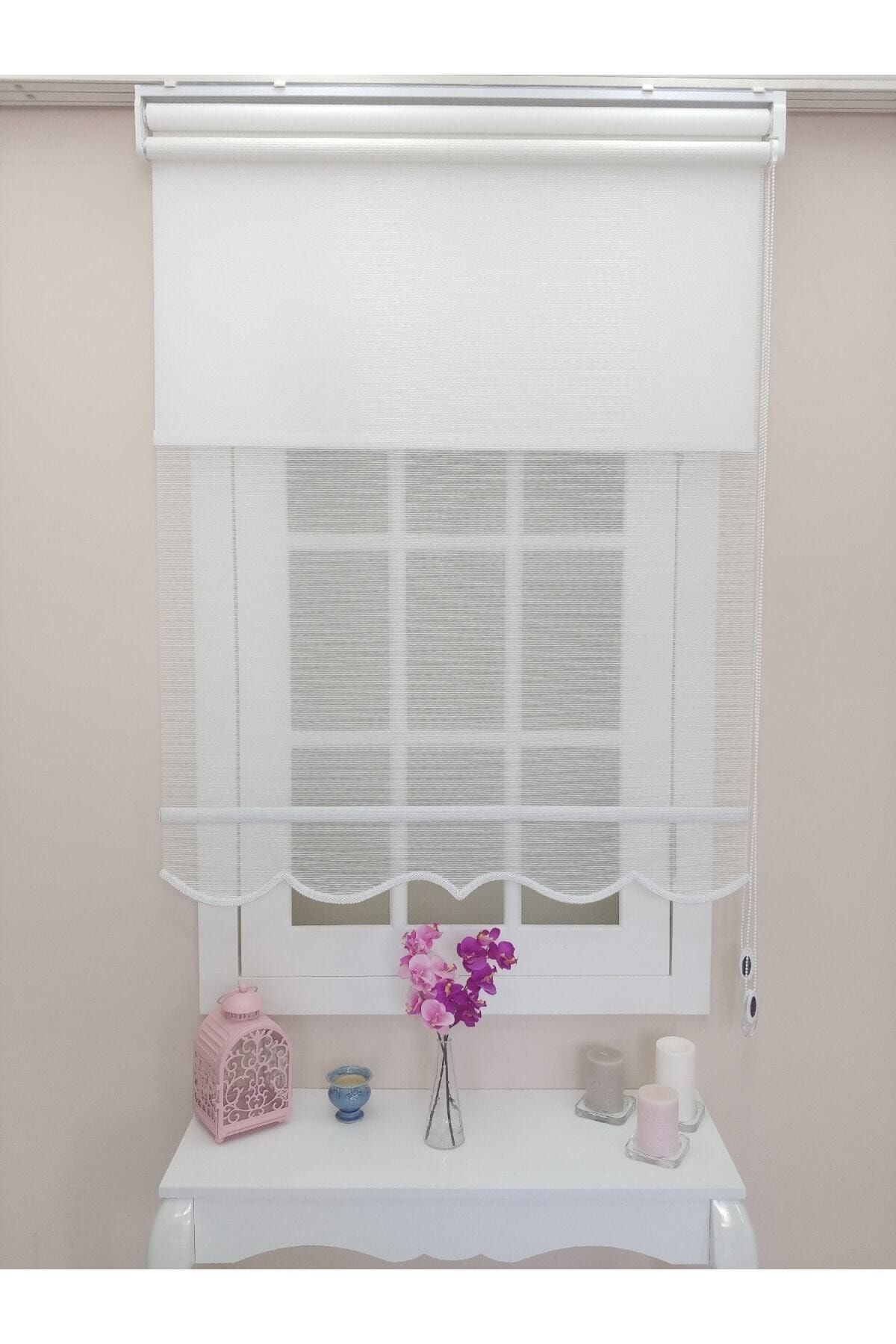 Atölyeperde Double System White Thin Striped Tulle + Roller Blind 3