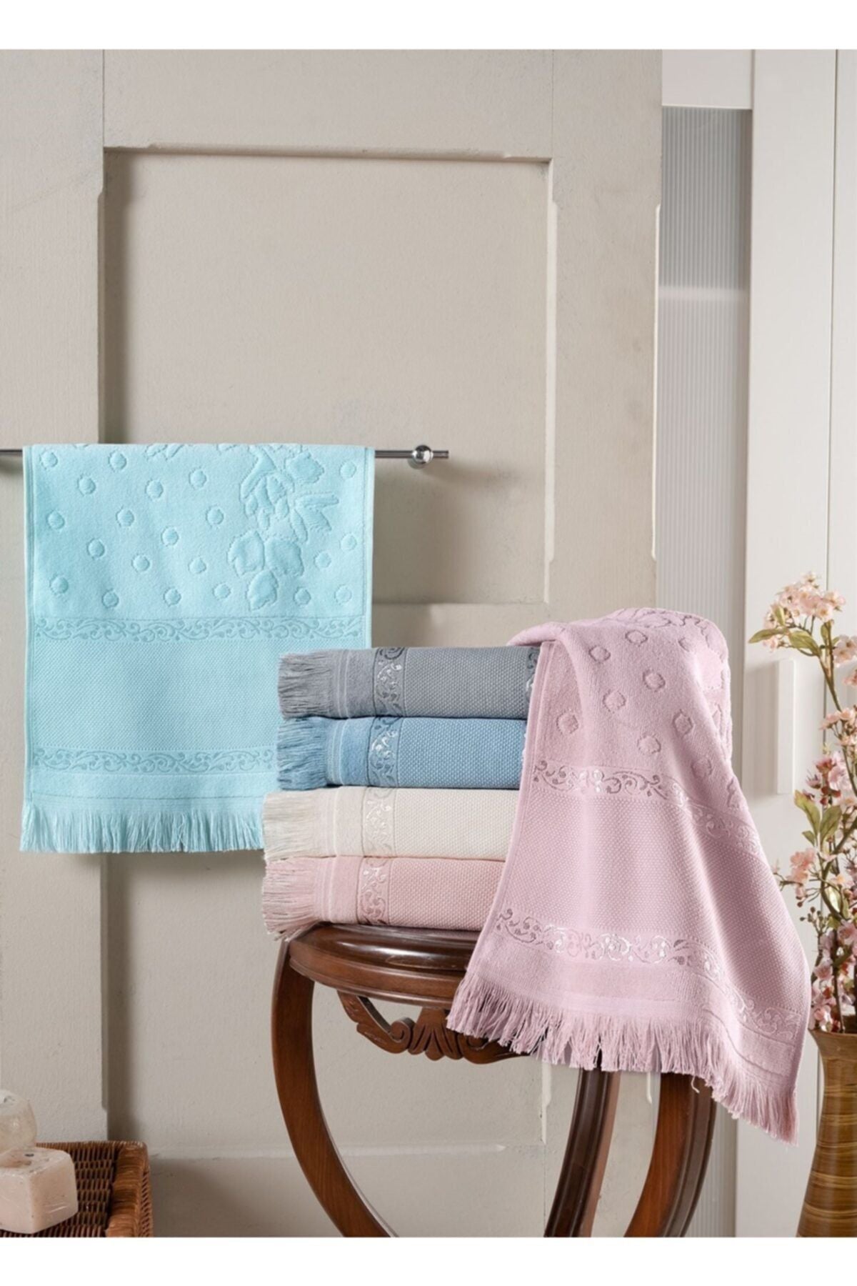 Fiesta 6 Pieces 50x90 Soft Etamine Jacquard Fringed Assorted Hand Face Towel Embroidery 1