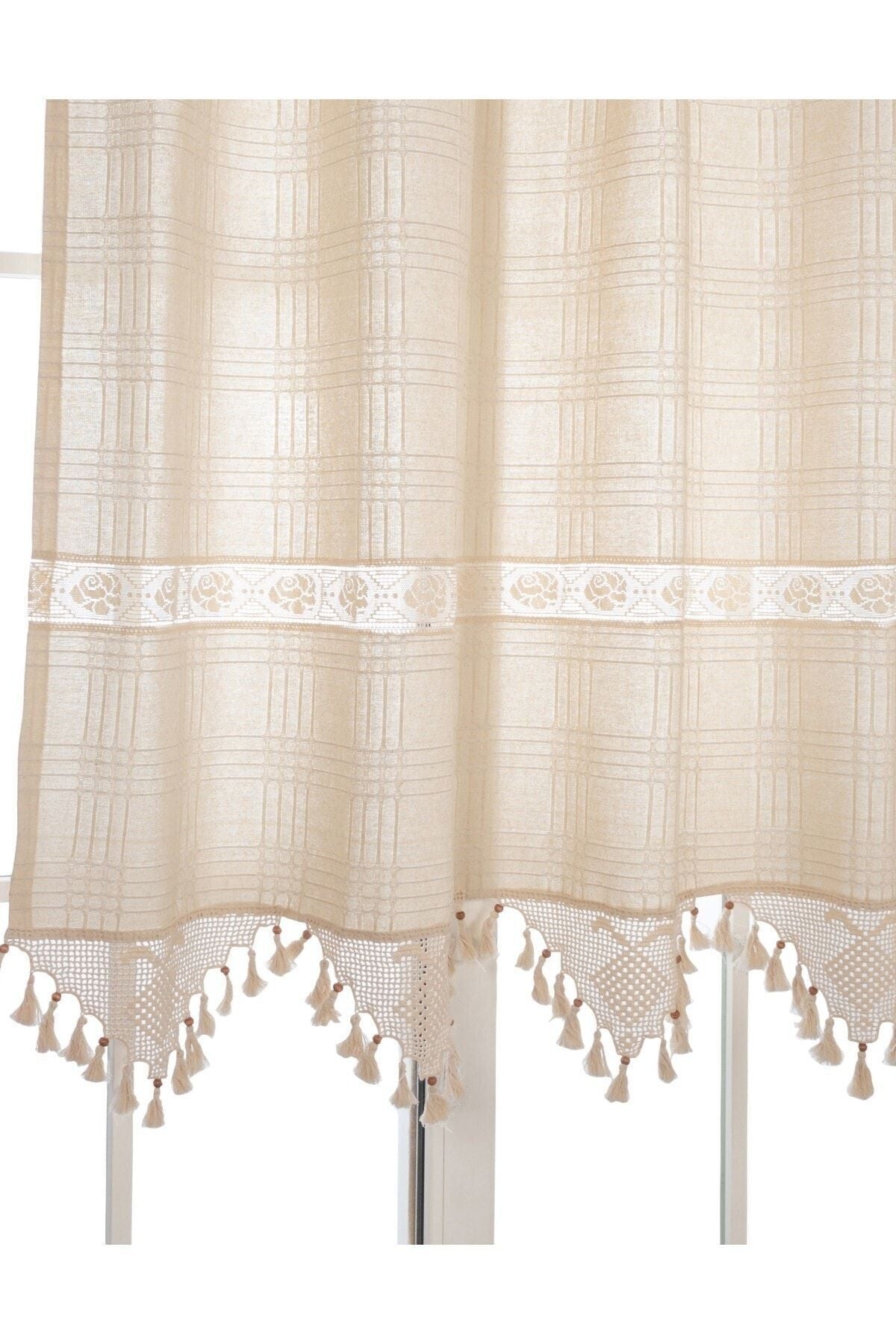 TUNCAY TEKSTİL Buldan Handcrafted Lace Thick Linen Woven Curtain 1