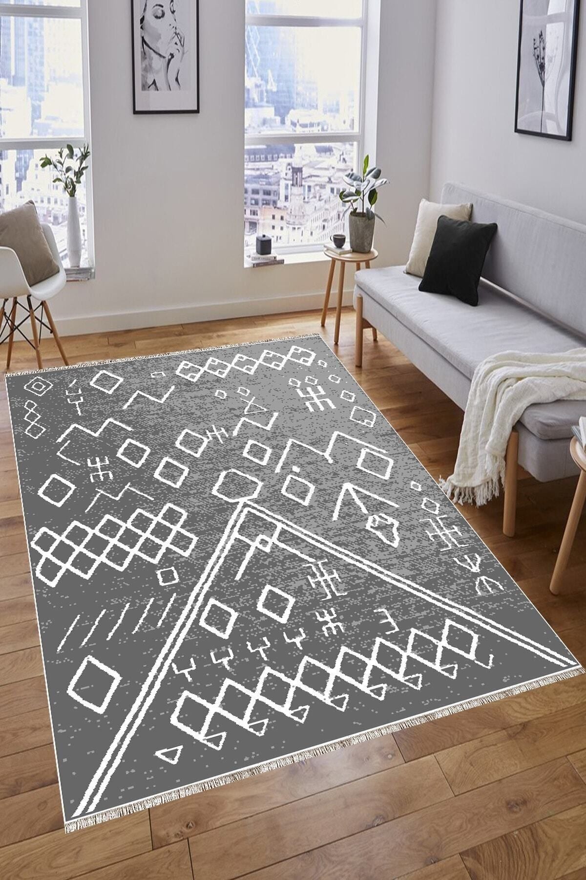 MANOLYA KILIM Grey White Natural Rock Patterned Double-Sided Woven Rug 1