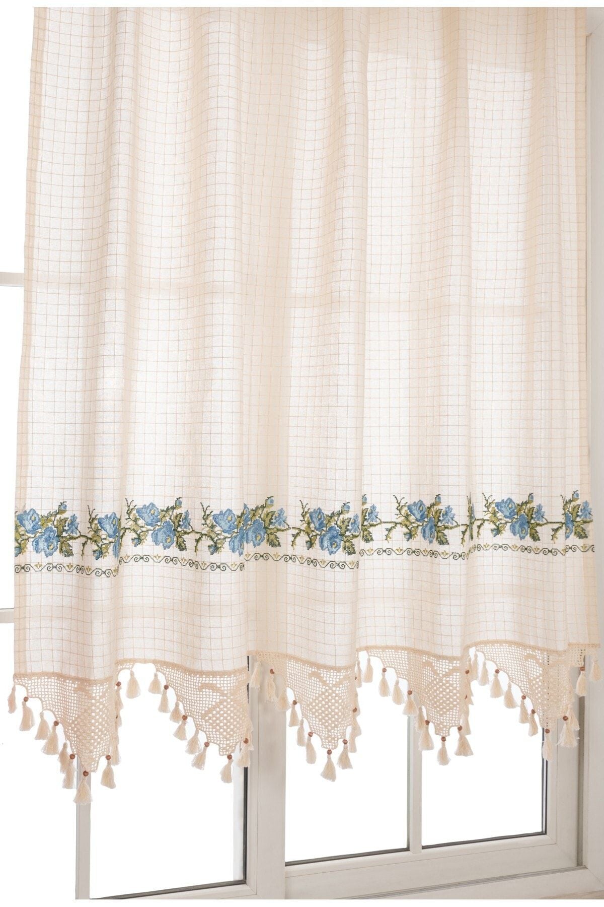 TUNCAY TEKSTİL Blue Embroidered Buldan Work Embroidered Lace Linen Curtain 2