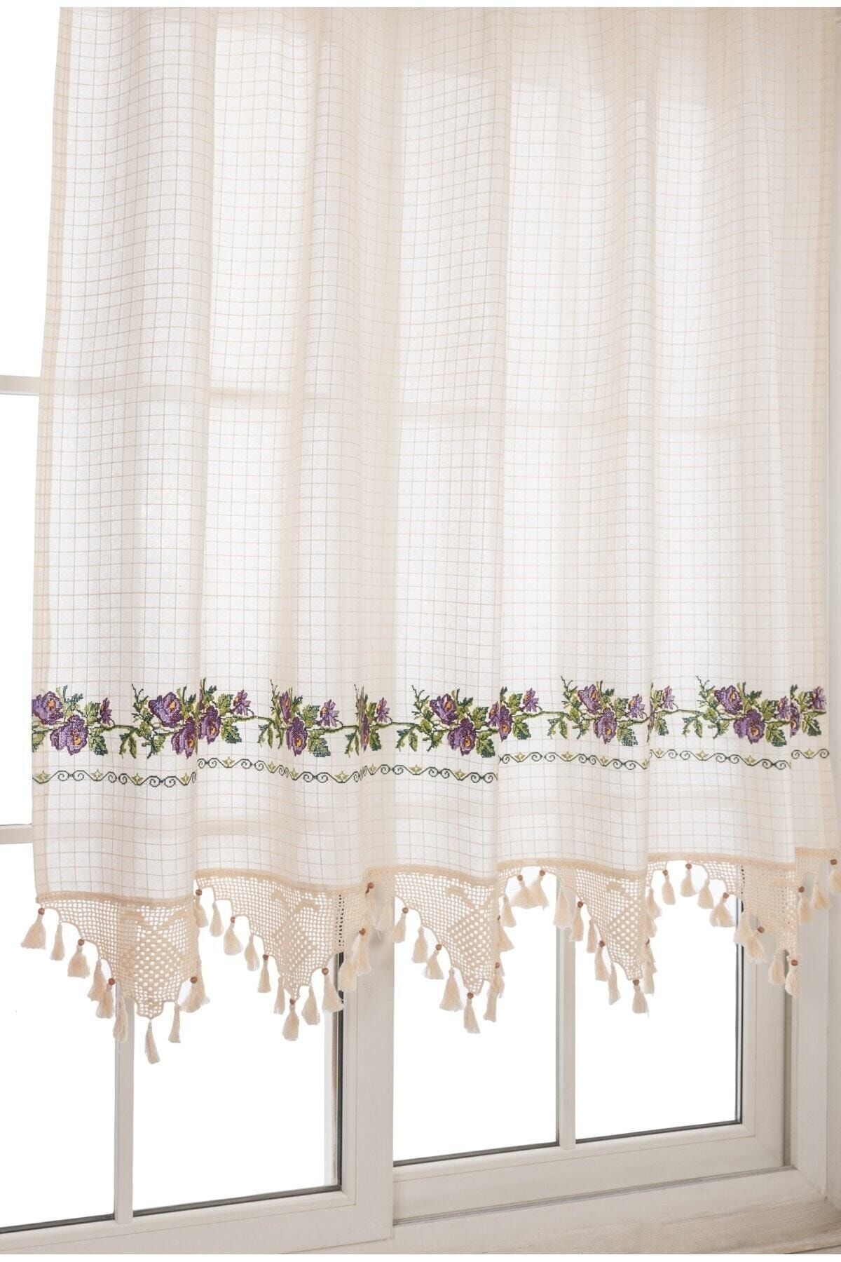 TUNCAY TEKSTİL Purple Embroidered Buldan Handcrafted Lace Linen Curtain 2