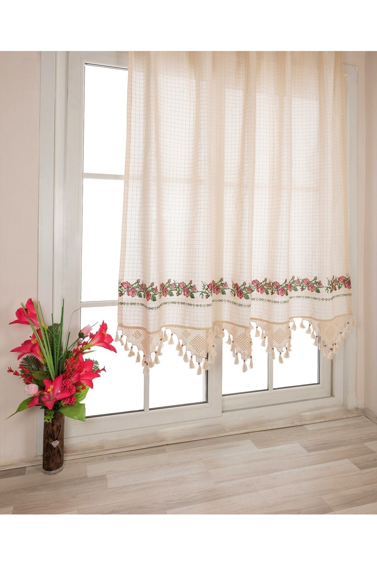 Tuncay Tekstil Red Embroidered Buldan Lace Curtain with Handcrafted Lace 3