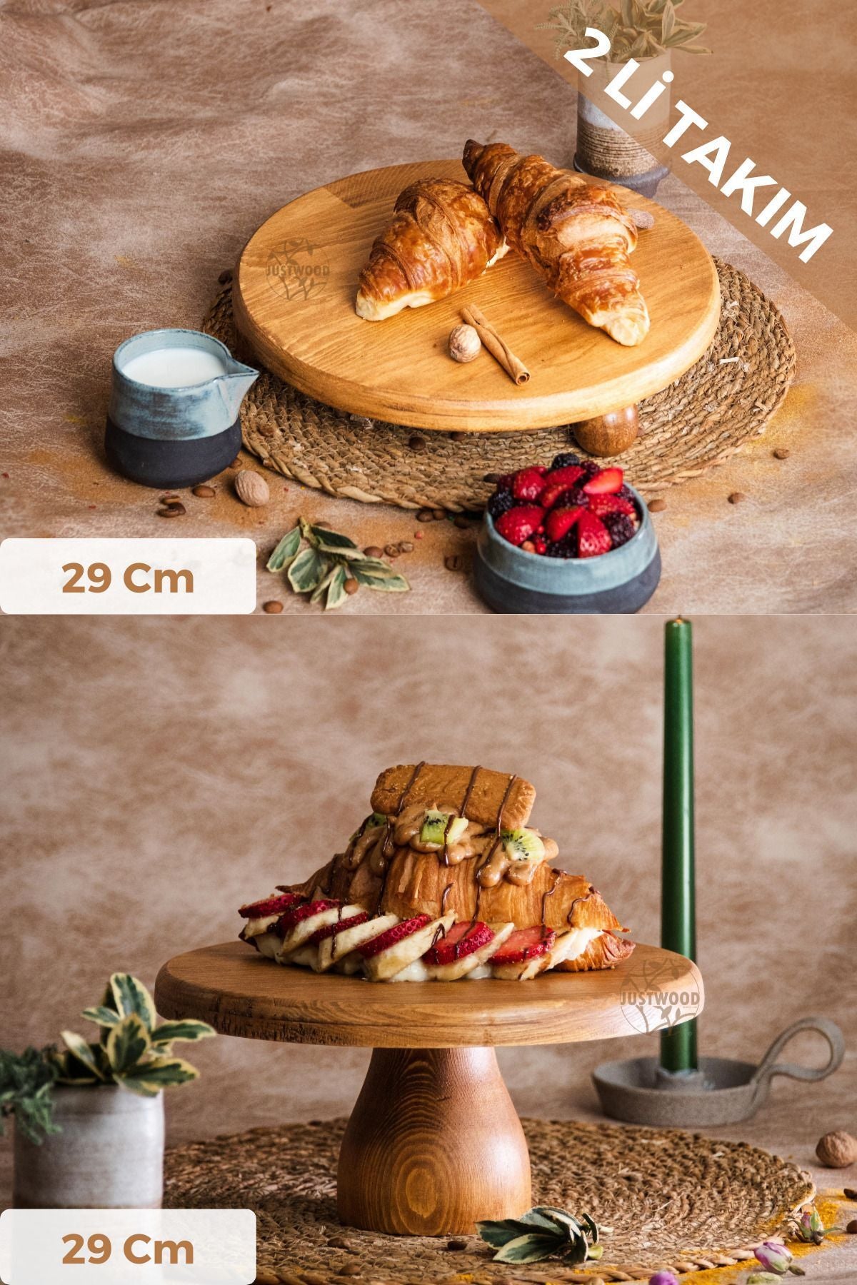 Kitchen Trend Justwood 2-Piece Risus & Lucca Pedestal Round Wooden Cake Serving Plate Set 29 cm 1