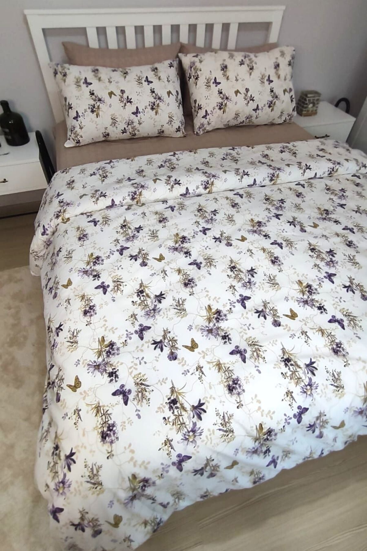 CANDAN ÇEYİZ Purple Butterfly 6-Piece Double Fitted Sheet Bedding Set 1