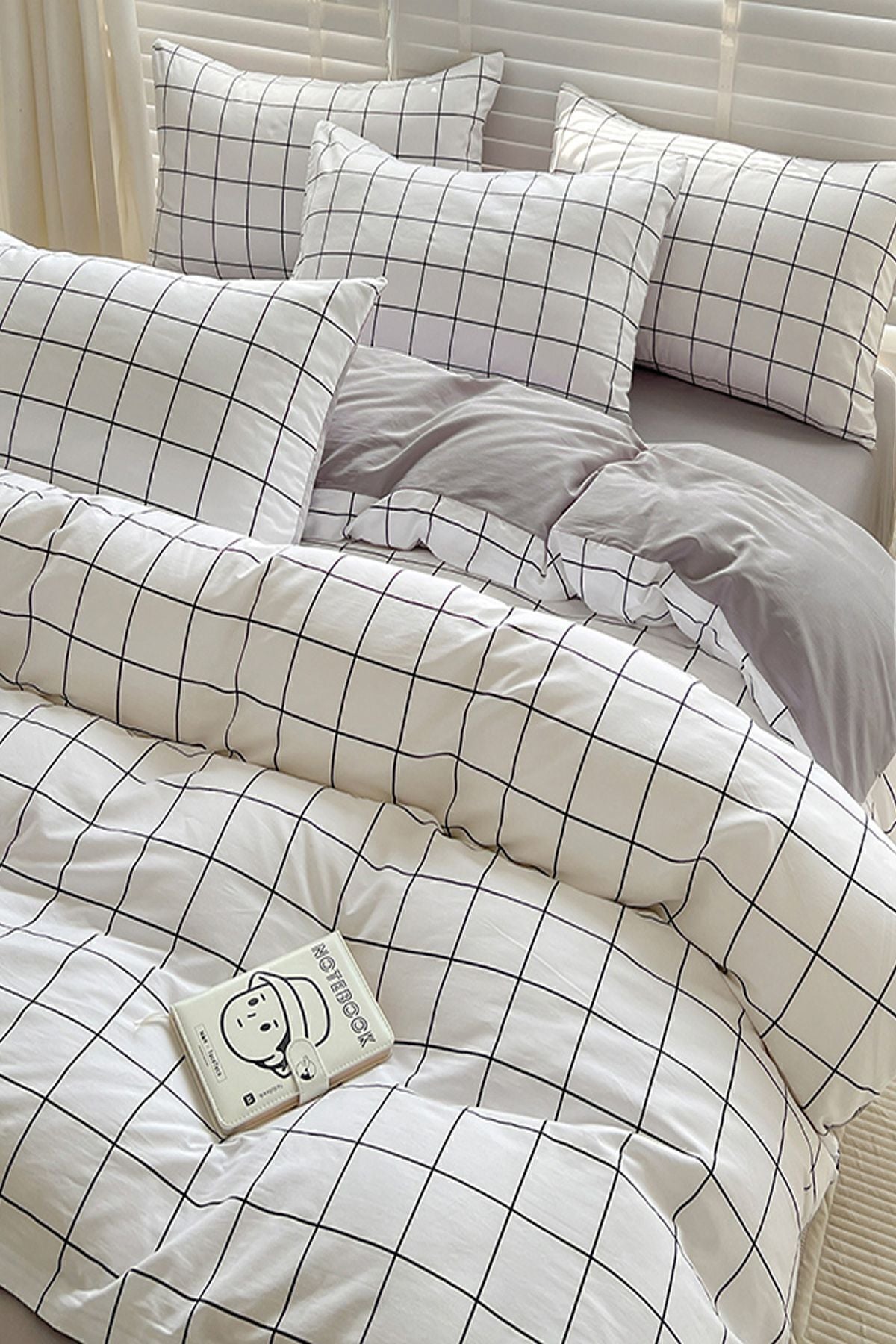 İQON Fitted Sheet Duvet Cover Set Double White Small Square White Grey 1