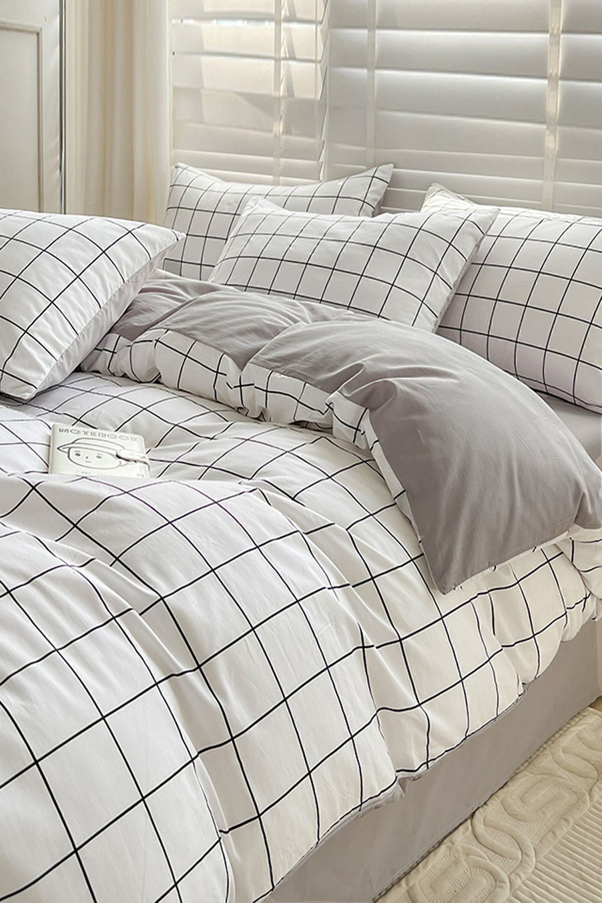 İQON Fitted Sheet Duvet Cover Set Double White Small Square White Grey 3