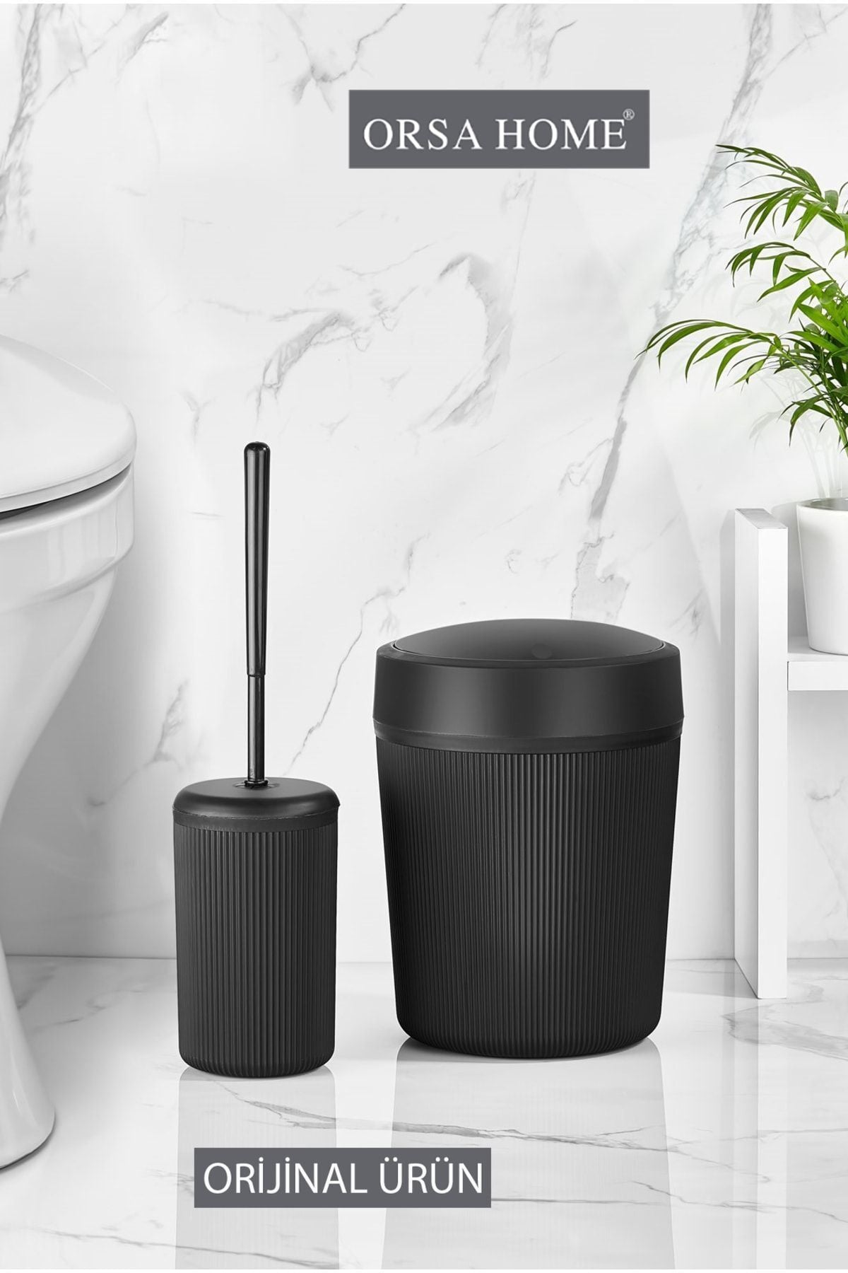 ORSA HOME 087 Black Bathroom Trash Can And Toilet Brush Set 1