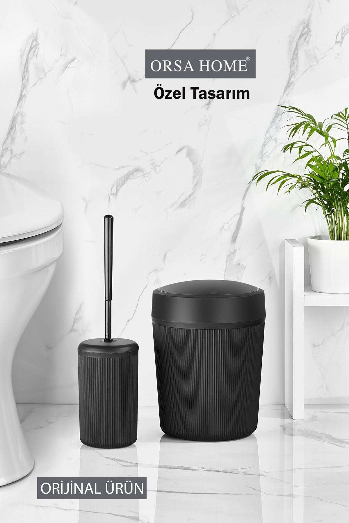 ORSA HOME 087 Black Bathroom Trash Can And Toilet Brush Set 2