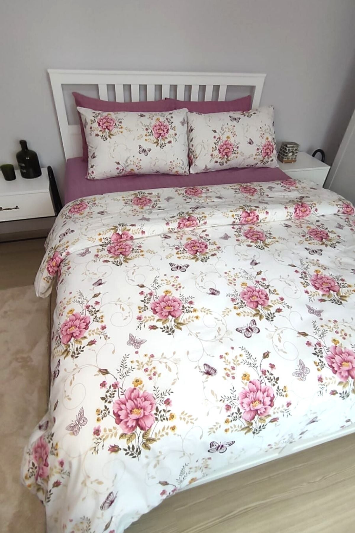 CANDAN ÇEYİZ Buket Pink Floral 6 Piece Double Fitted Sheet Duvet Cover Set 1