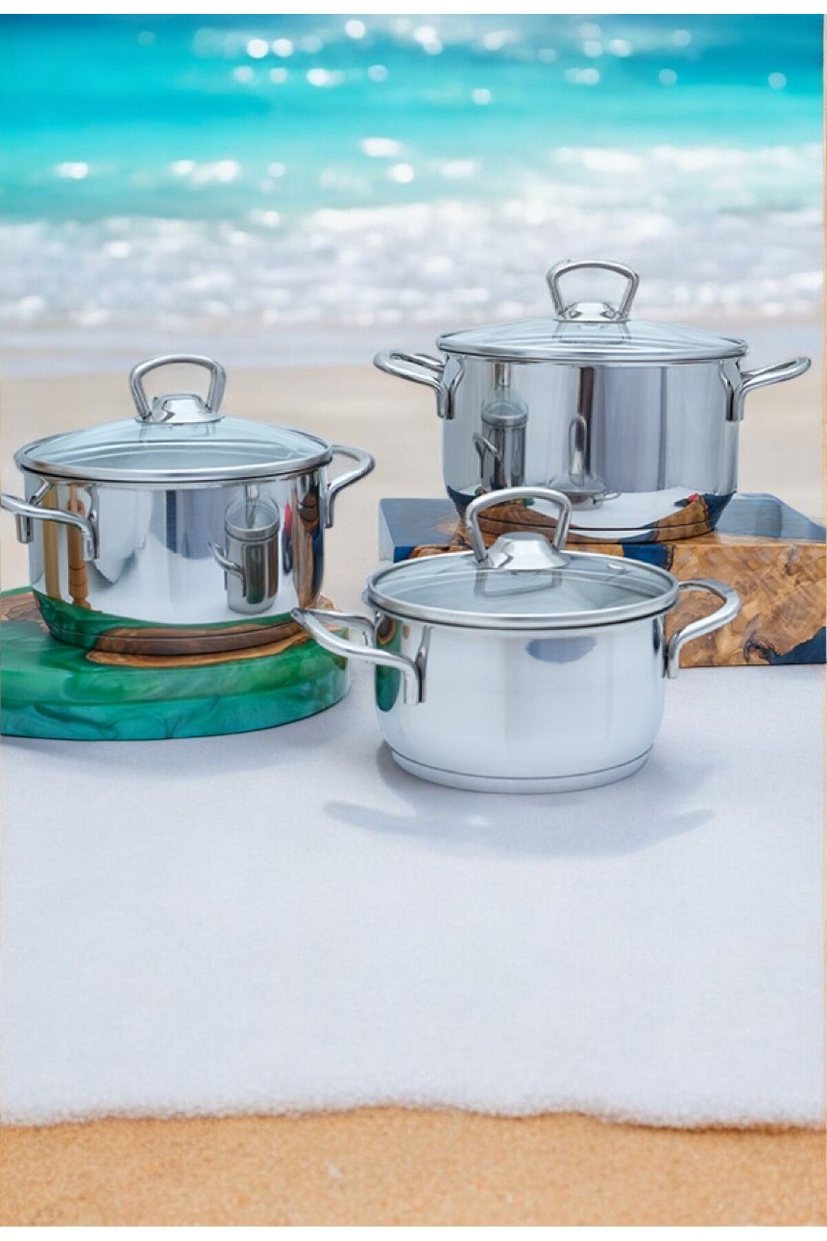 Gökdil Dila 14-16-18 No 6 Piece Steel & Pyrex & Glass Lid & Steel Cookware Set Triple Casserole Set 2